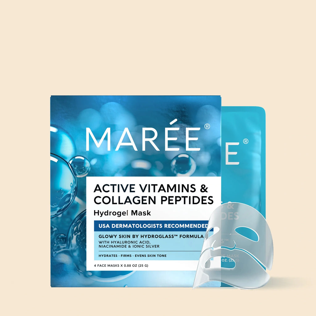 Hydrogel collagen face mask sheet shown flat with niacinamide and hyaluronic acid formula detail