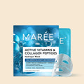 Hydrogel collagen face mask sheet shown flat with niacinamide and hyaluronic acid formula detail