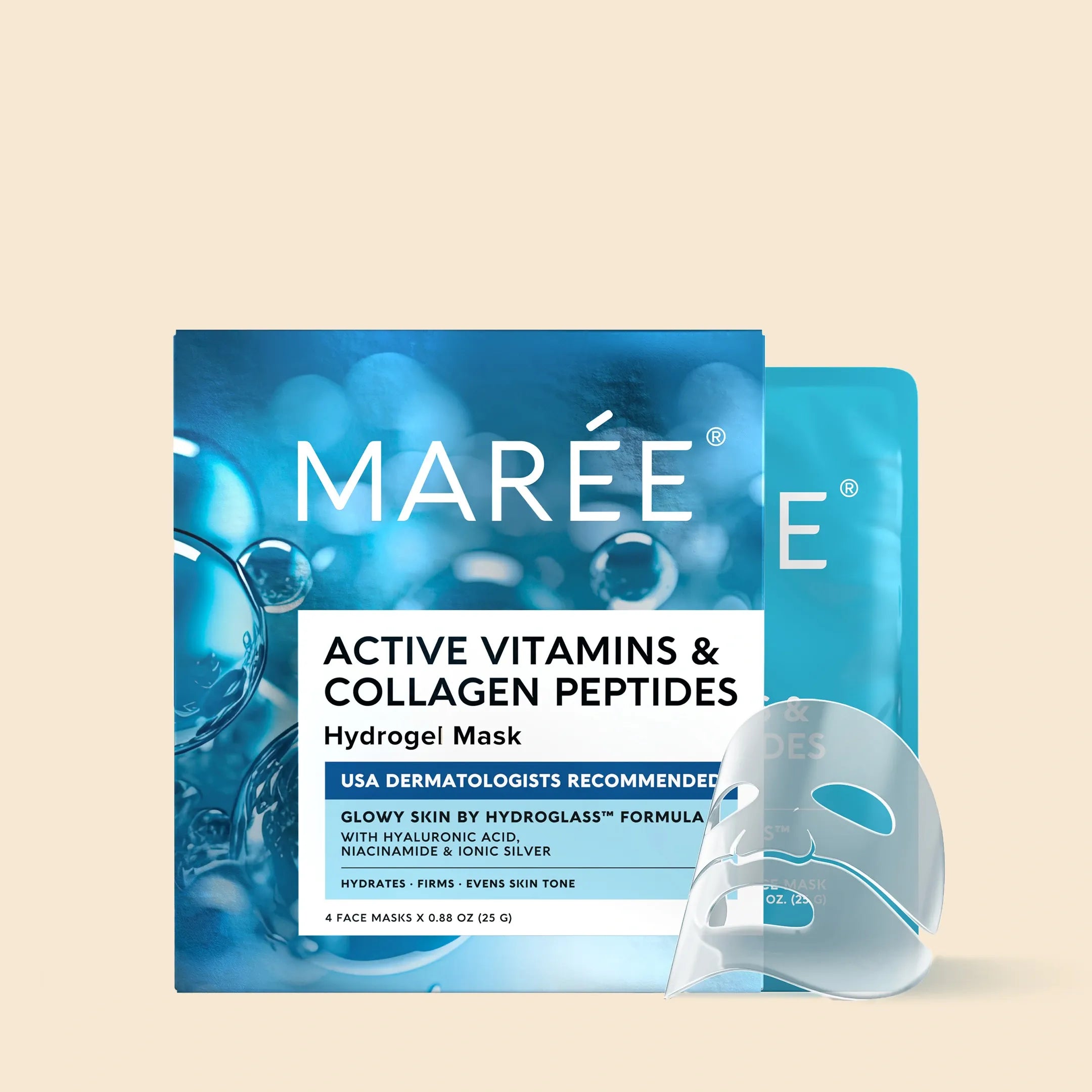 Hydrogel collagen face mask sheet shown flat with niacinamide and hyaluronic acid formula detail