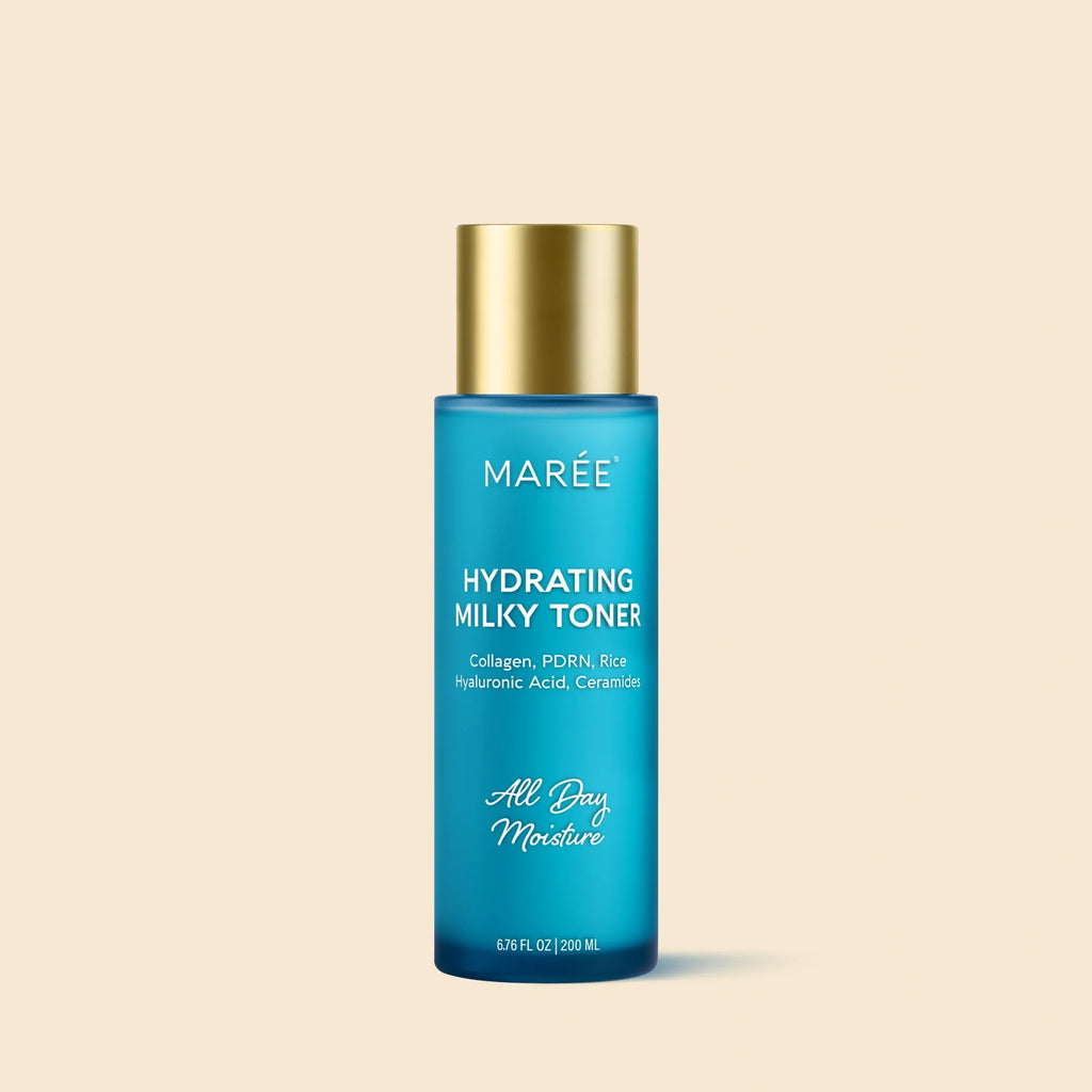 Marée Milky Rice Hydrating Toner bottle with milky white liquid texture on a clean skincare flat lay