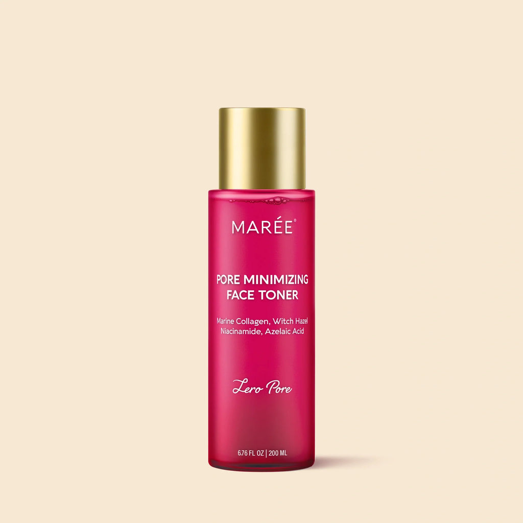 Marée Pore Refining Toner bottle on a minimal white surface, lightweight hydrating facial toner for pore refinement