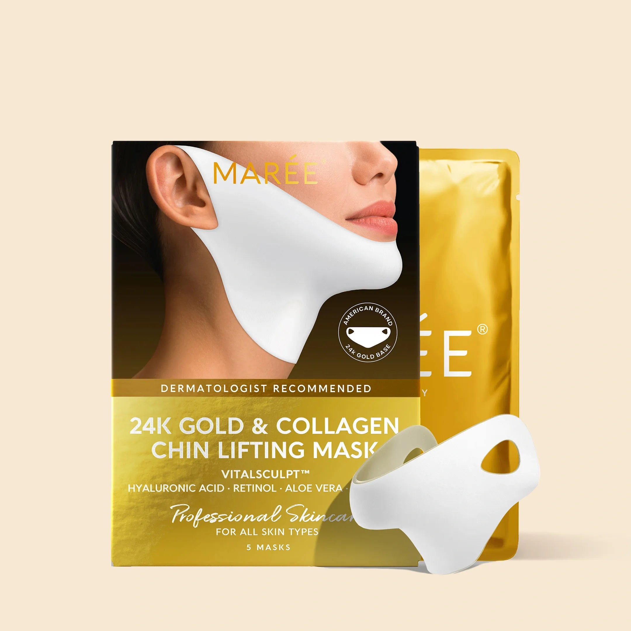 24K gold v-line hydrogel lifting mask displayed flat, showing contoured chin and neck coverage shape