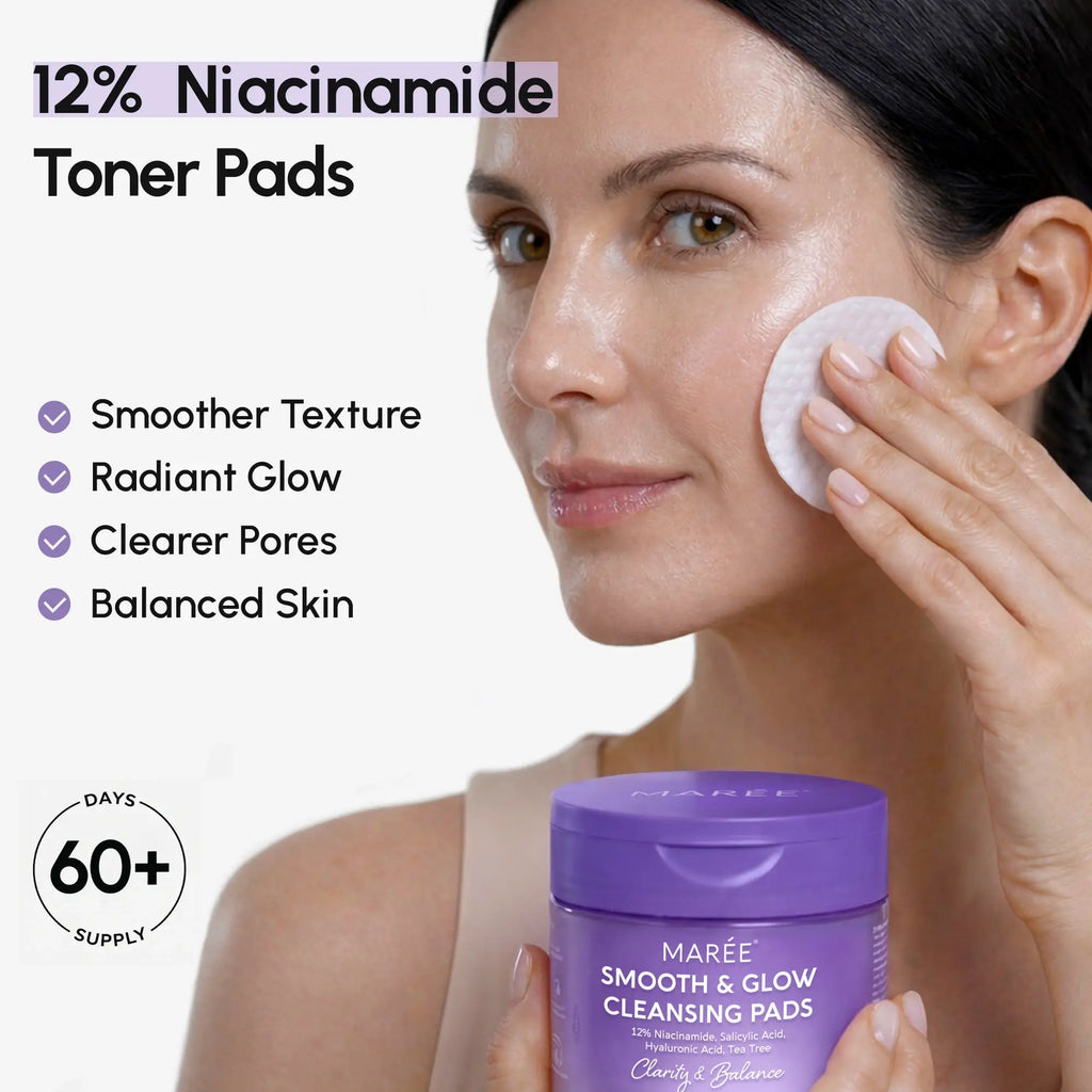 12% niacinamide and hyaluronic acid exfoliating pads in minimalist packaging, shown on a clean skincare flat lay