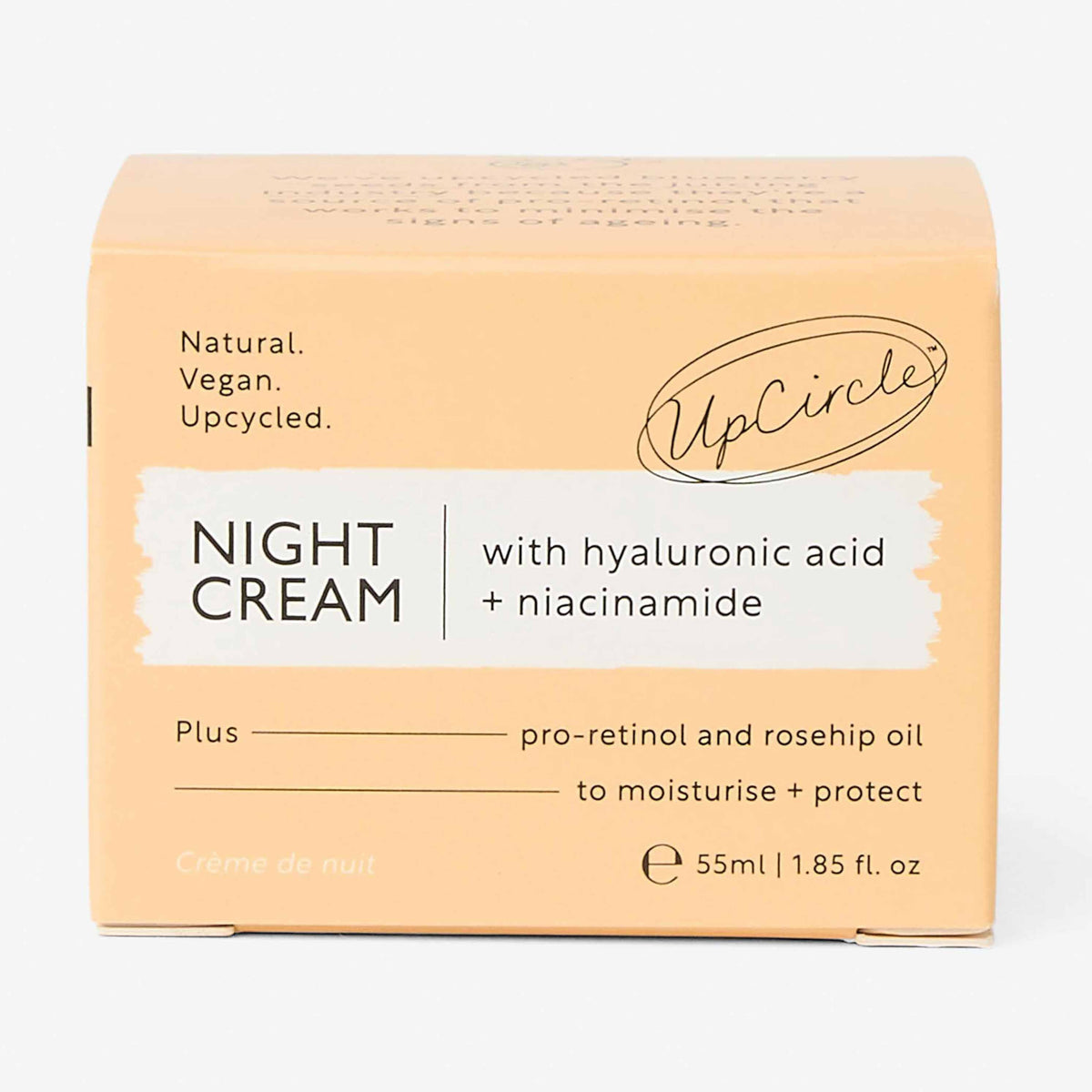 UpCircle Night Cream in glass jar with aluminum lid, showing hyaluronic acid and niacinamide overnight moisturizer