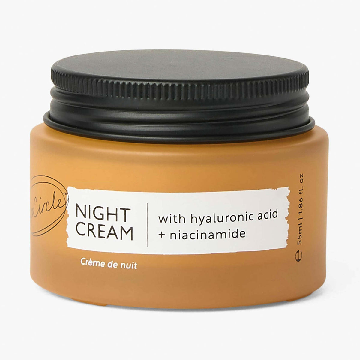 UpCircle Night Cream in glass jar with aluminum lid, showing hyaluronic acid and niacinamide overnight moisturizer