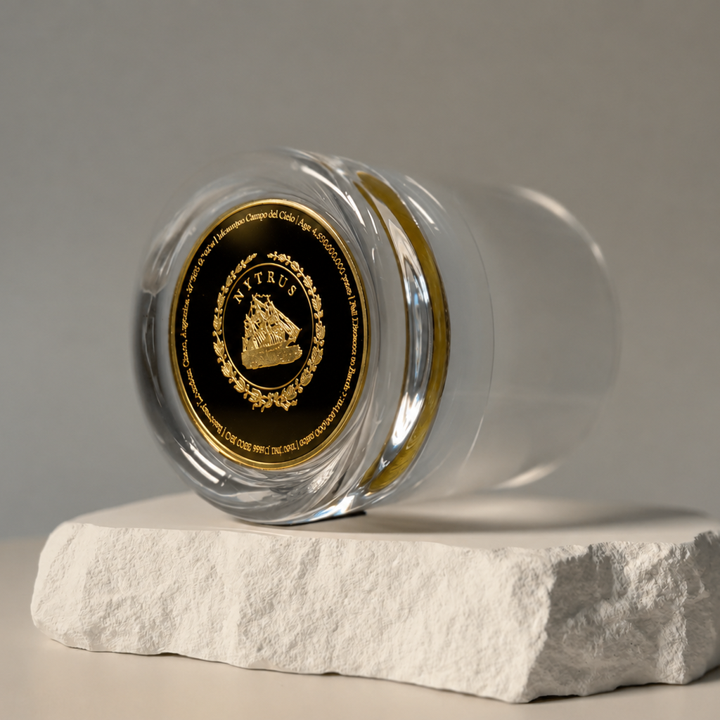 Set of two glass tumblers with genuine meteorite fragments suspended in high-clarity bases, shown in Antique Tin and Amber Gold finishes
