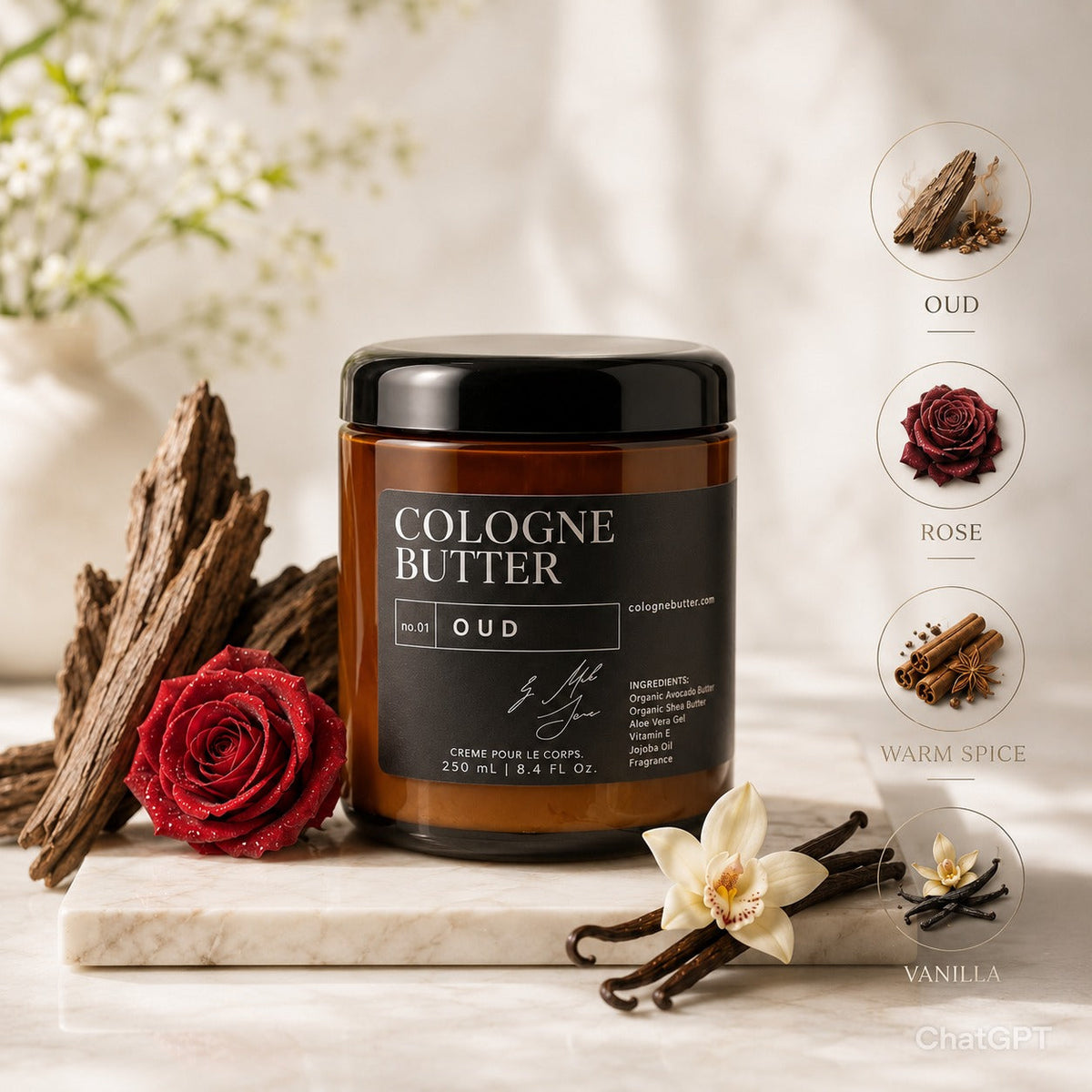 Oud fragrance body butter in a luxurious, creamy texture