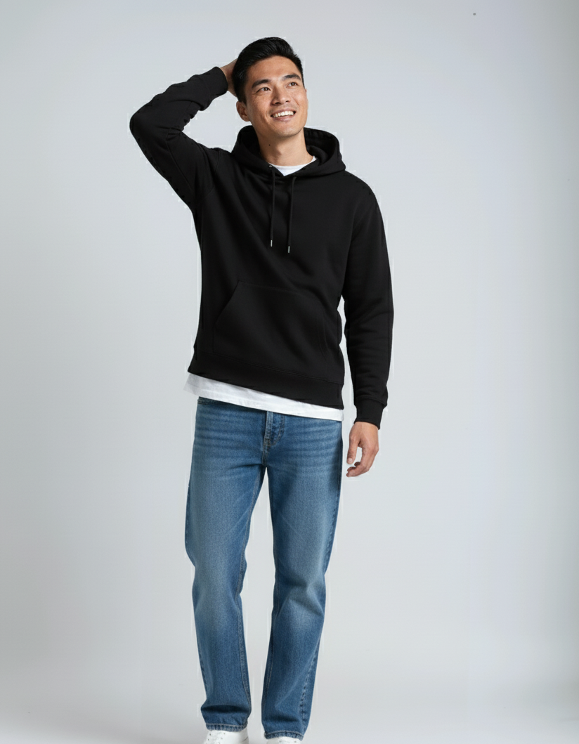 Heavyweight cotton fleece pullover hoodie in a structured standard fit, shown in a neutral colorway with ribbed cuffs and waistband