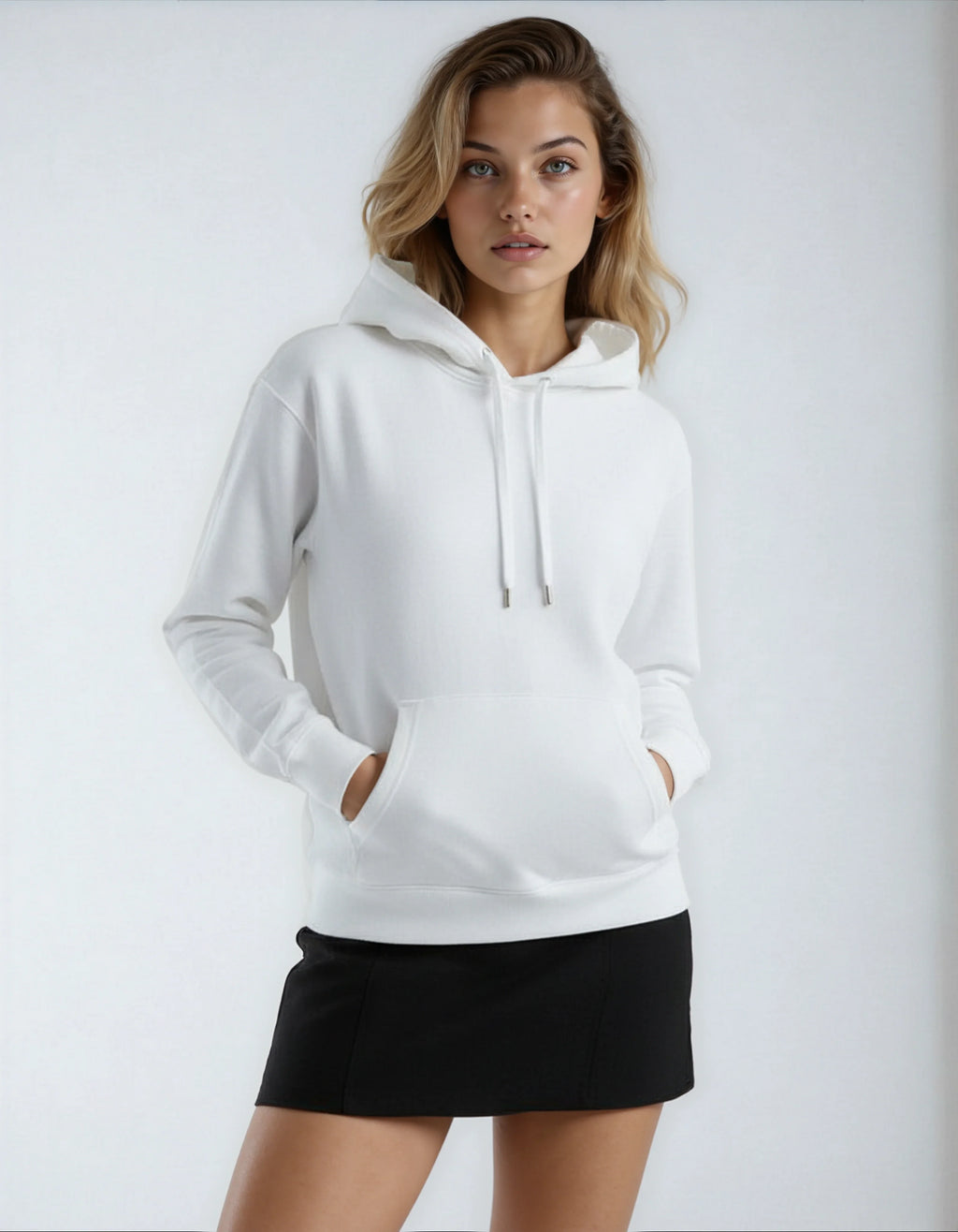 Heavyweight cotton fleece pullover hoodie in a structured standard fit, shown in a neutral colorway with ribbed cuffs and waistband