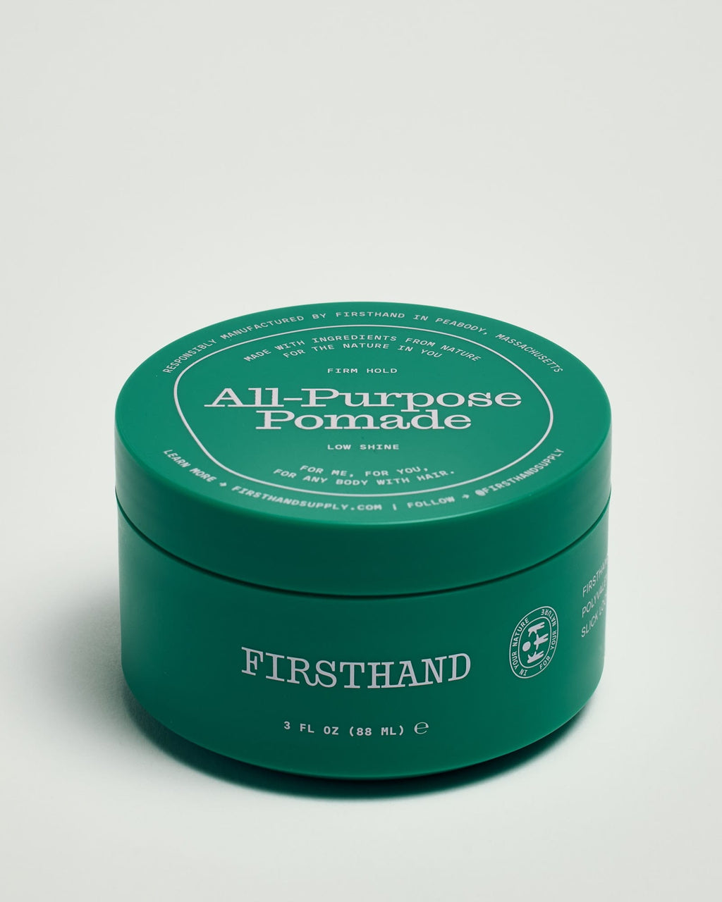 Firsthand Supply All-Purpose Pomade 3 oz jar on a neutral surface, low-shine strong-hold hair pomade