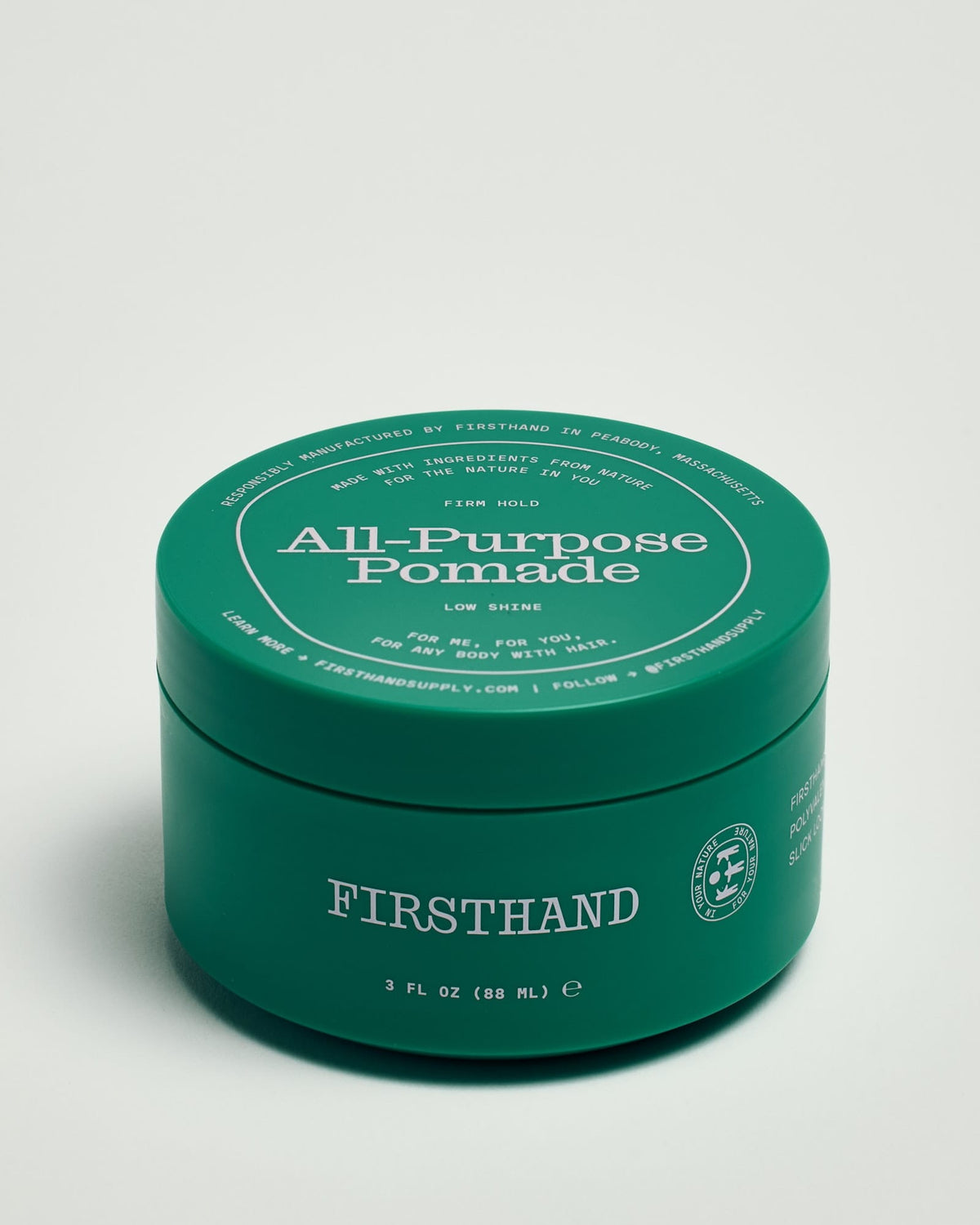 Firsthand Supply All-Purpose Pomade 3 oz jar on a neutral surface, low-shine strong-hold hair pomade