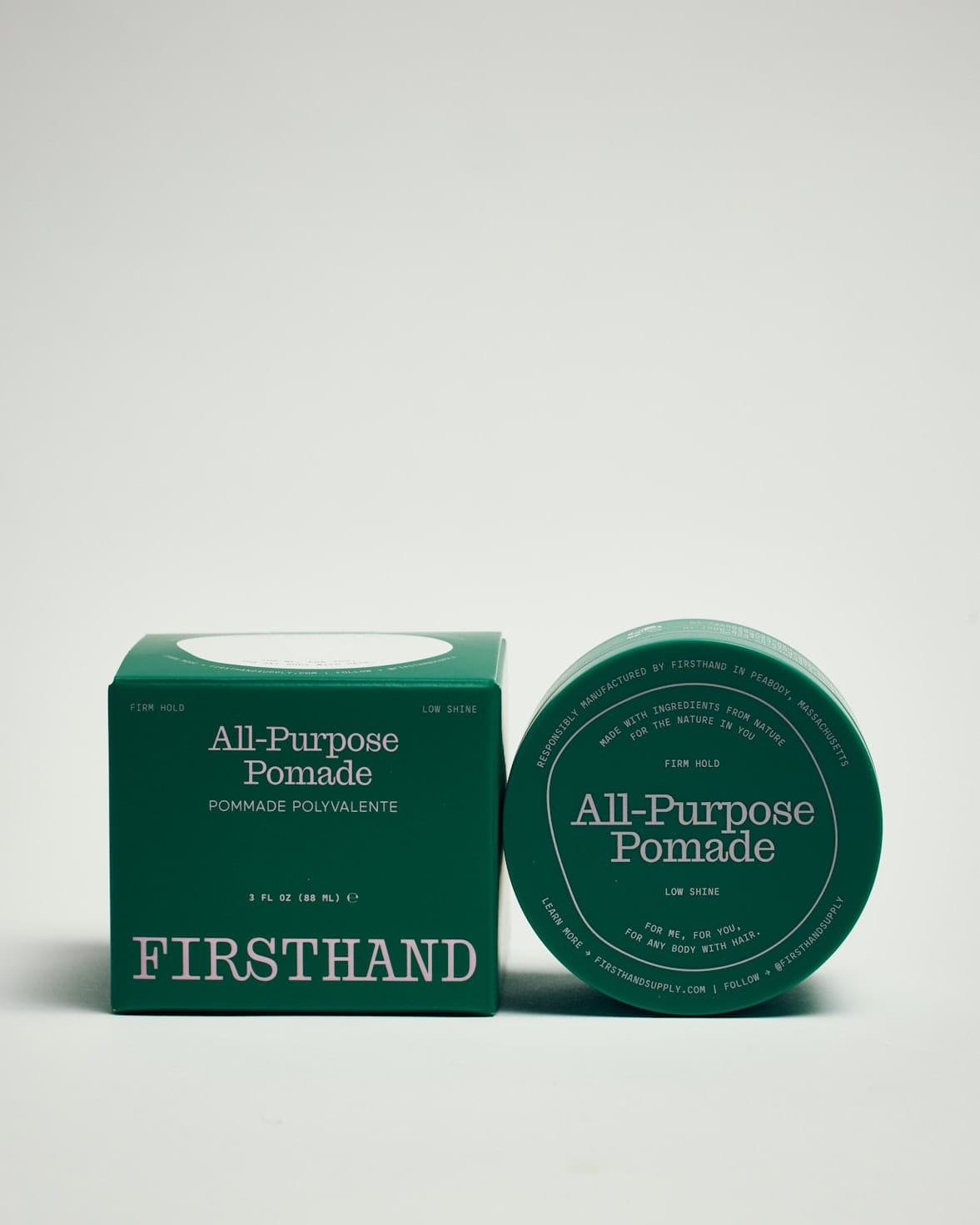 Firsthand Supply All-Purpose Pomade 3 oz jar on a neutral surface, low-shine strong-hold hair pomade