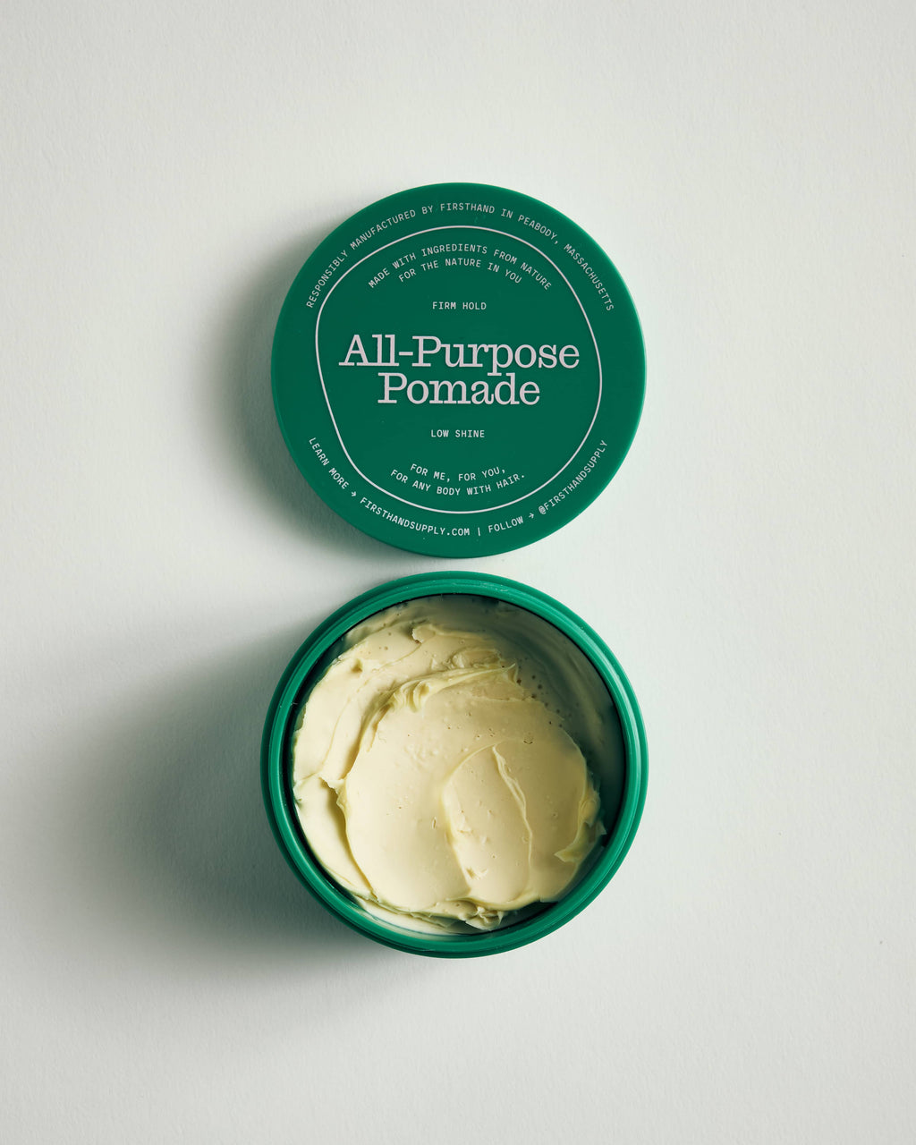 Firsthand Supply All-Purpose Pomade 3 oz jar on a neutral surface, low-shine strong-hold hair pomade
