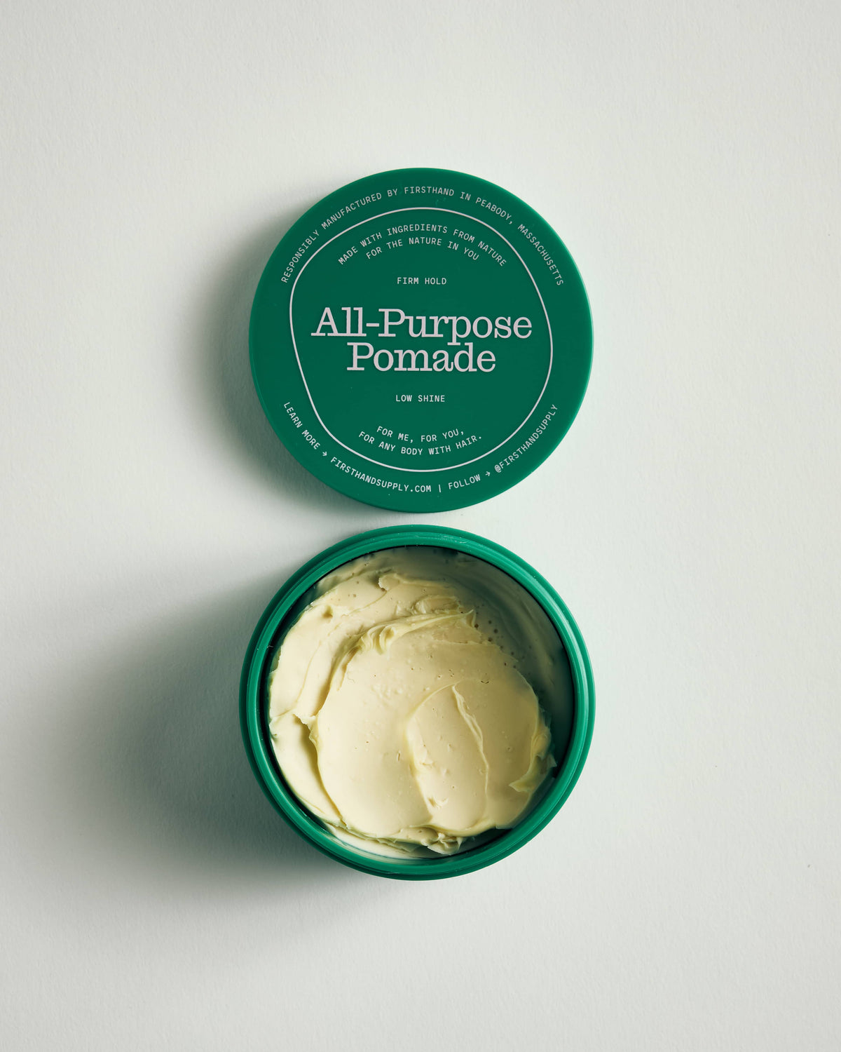 Firsthand Supply All-Purpose Pomade 3 oz jar on a neutral surface, low-shine strong-hold hair pomade