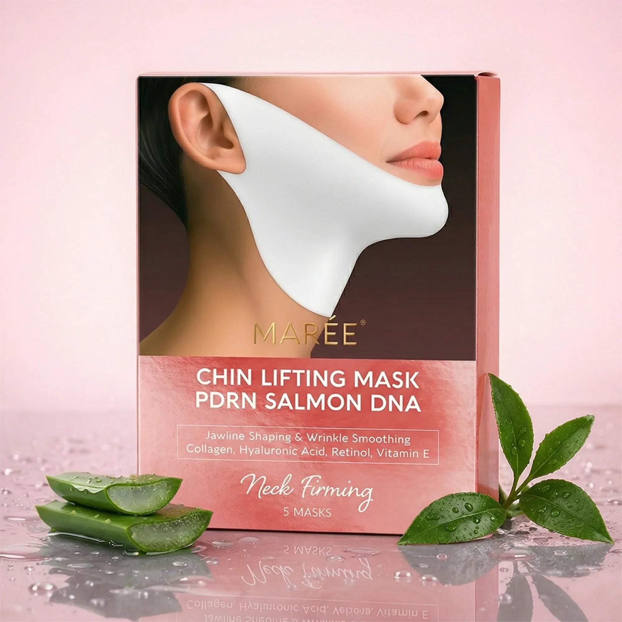 Marée PDRN V-Line Lifting Mask applied to chin and neck area for jawline contouring and skin firming