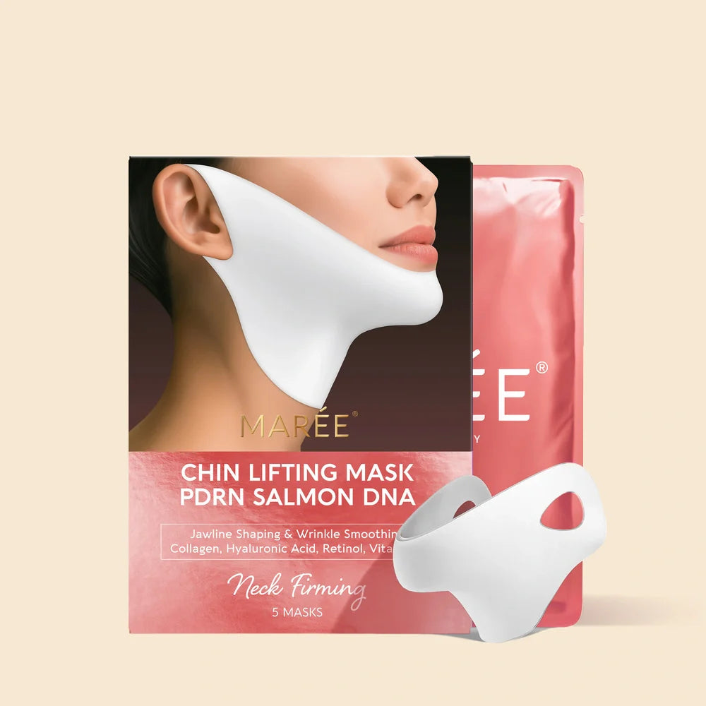 Marée PDRN V-Line Lifting Mask applied to chin and neck area for jawline contouring and skin firming