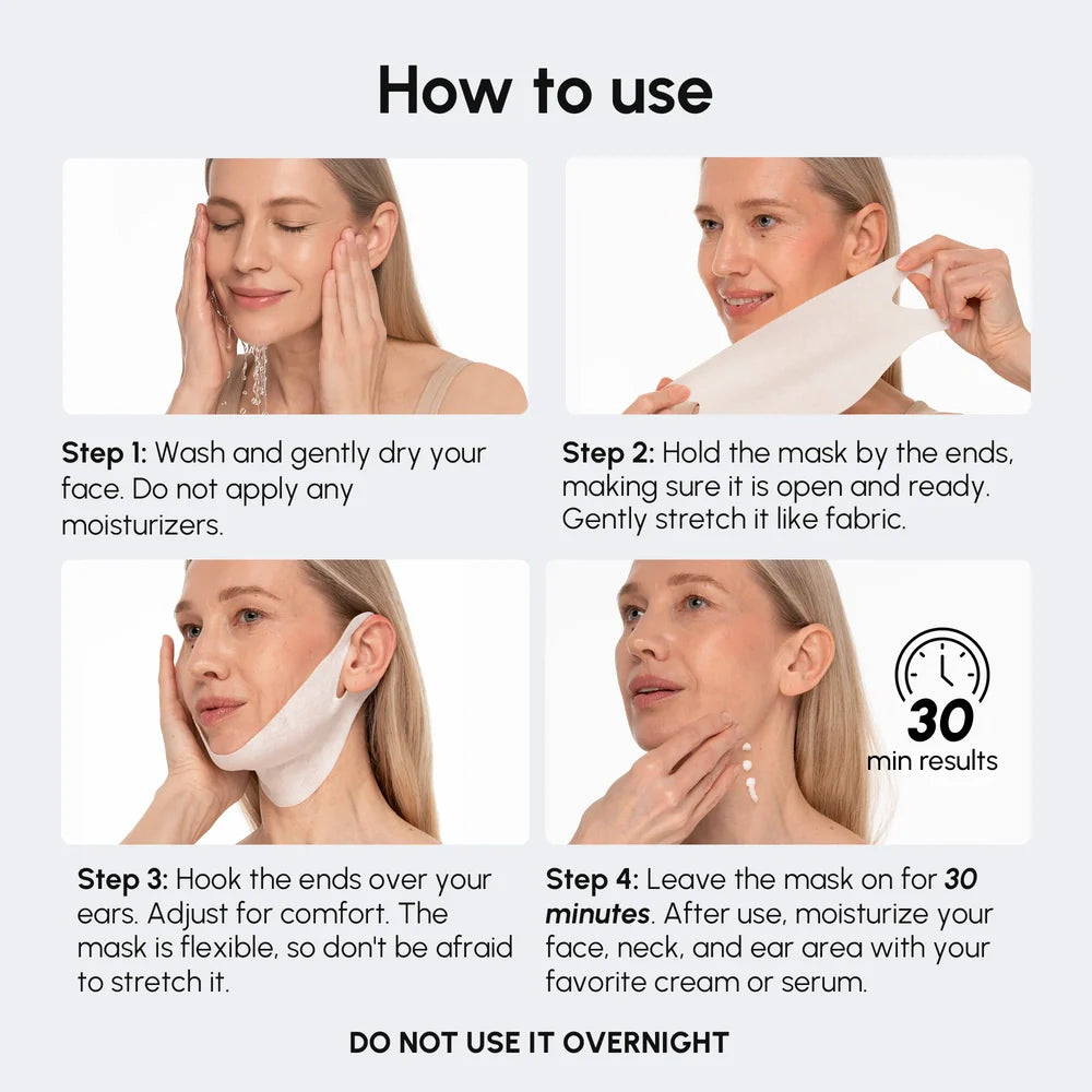 Marée PDRN V-Line Lifting Mask applied to chin and neck area for jawline contouring and skin firming