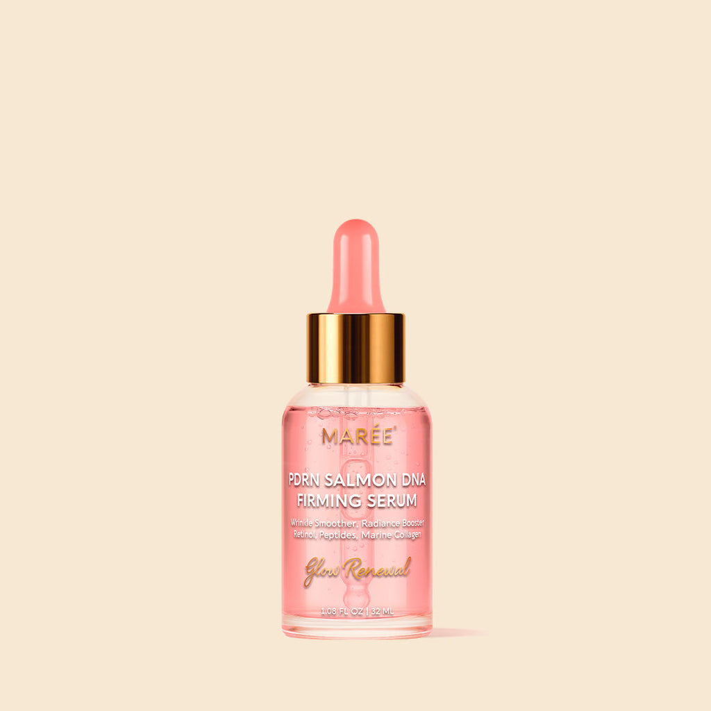 PDRN salmon DNA firming and renewing serum bottle on a clean white surface, anti-aging skincare