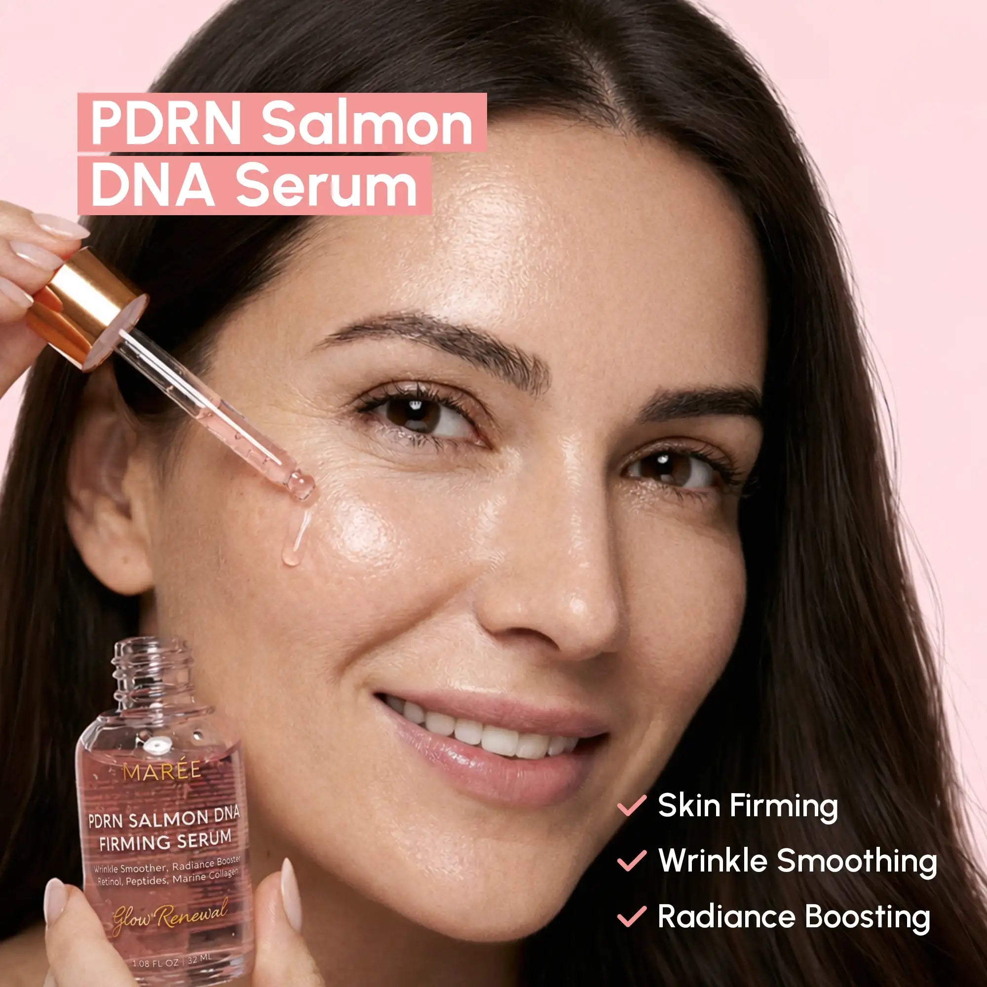 PDRN salmon DNA firming and renewing serum bottle on a clean white surface, anti-aging skincare