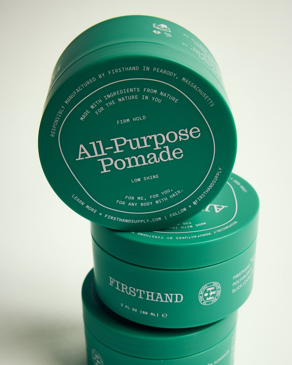 Firsthand Supply All-Purpose Pomade 3 oz jar on a neutral surface, low-shine strong-hold hair pomade