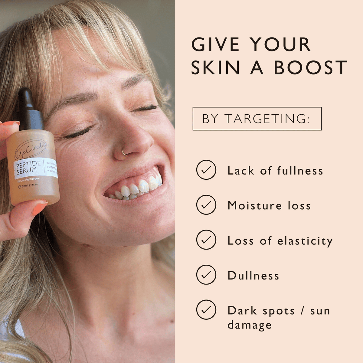 UpCircle Peptide Serum with Custard Apple and Blood Orange in a glass bottle, with a dropper and a skincare background