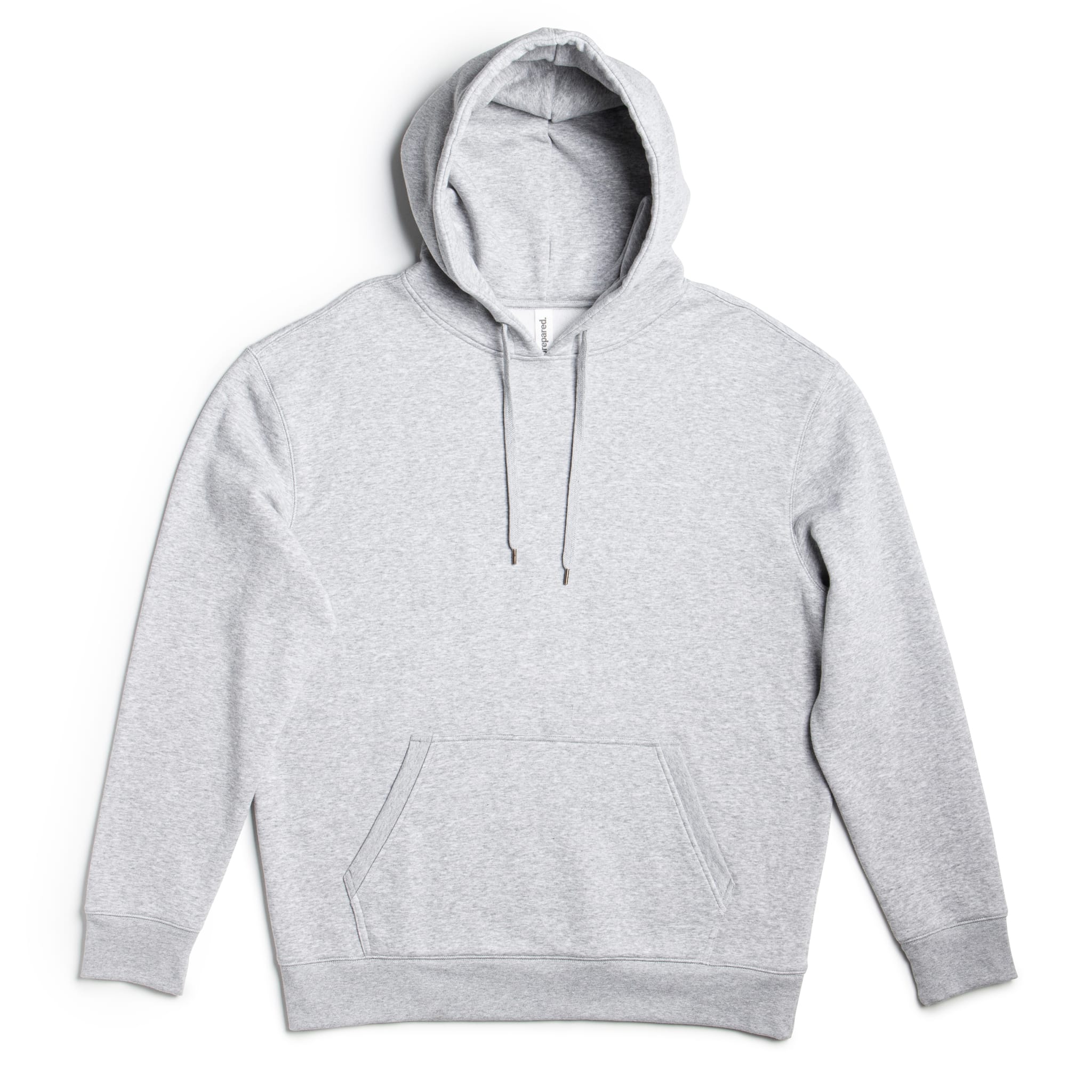 Heavyweight cotton fleece pullover hoodie in a structured standard fit, shown in a neutral colorway with ribbed cuffs and waistband