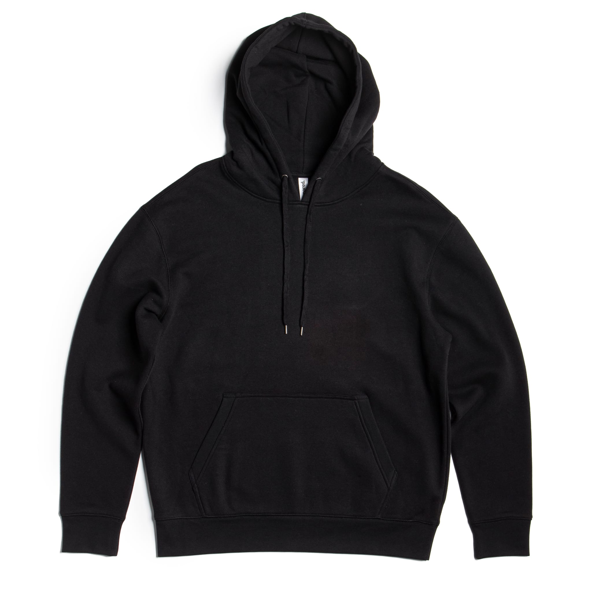 Heavyweight cotton fleece pullover hoodie in a structured standard fit, shown in a neutral colorway with ribbed cuffs and waistband