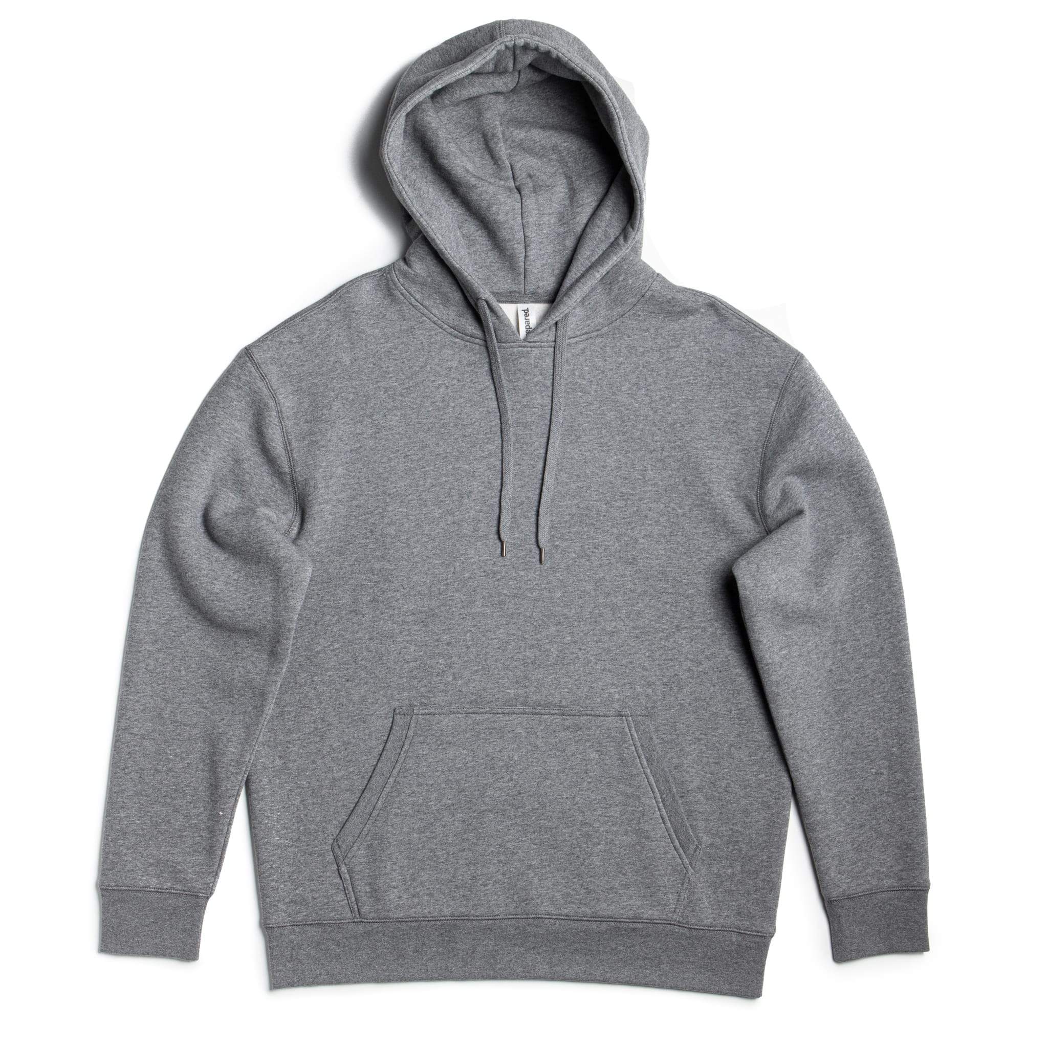 Heavyweight cotton fleece pullover hoodie in a structured standard fit, shown in a neutral colorway with ribbed cuffs and waistband
