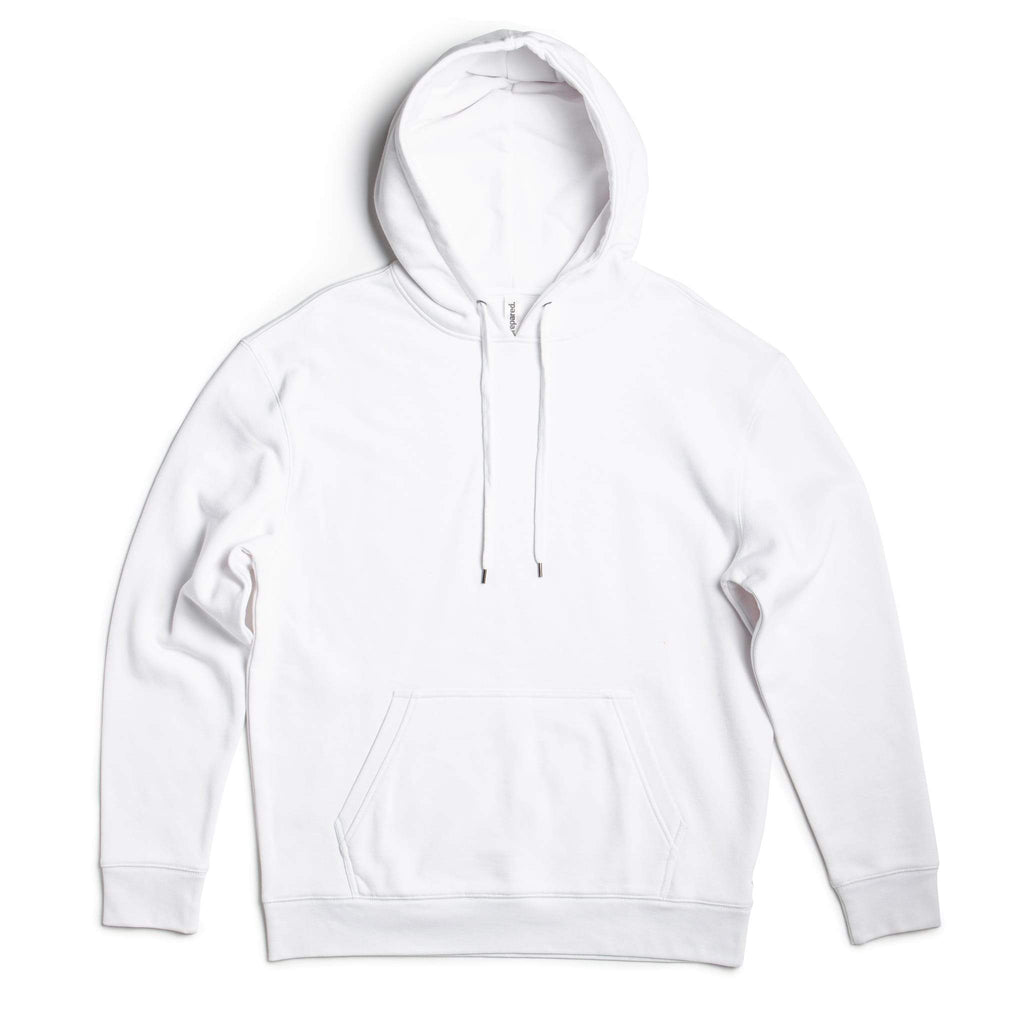 Heavyweight cotton fleece pullover hoodie in a structured standard fit, shown in a neutral colorway with ribbed cuffs and waistband