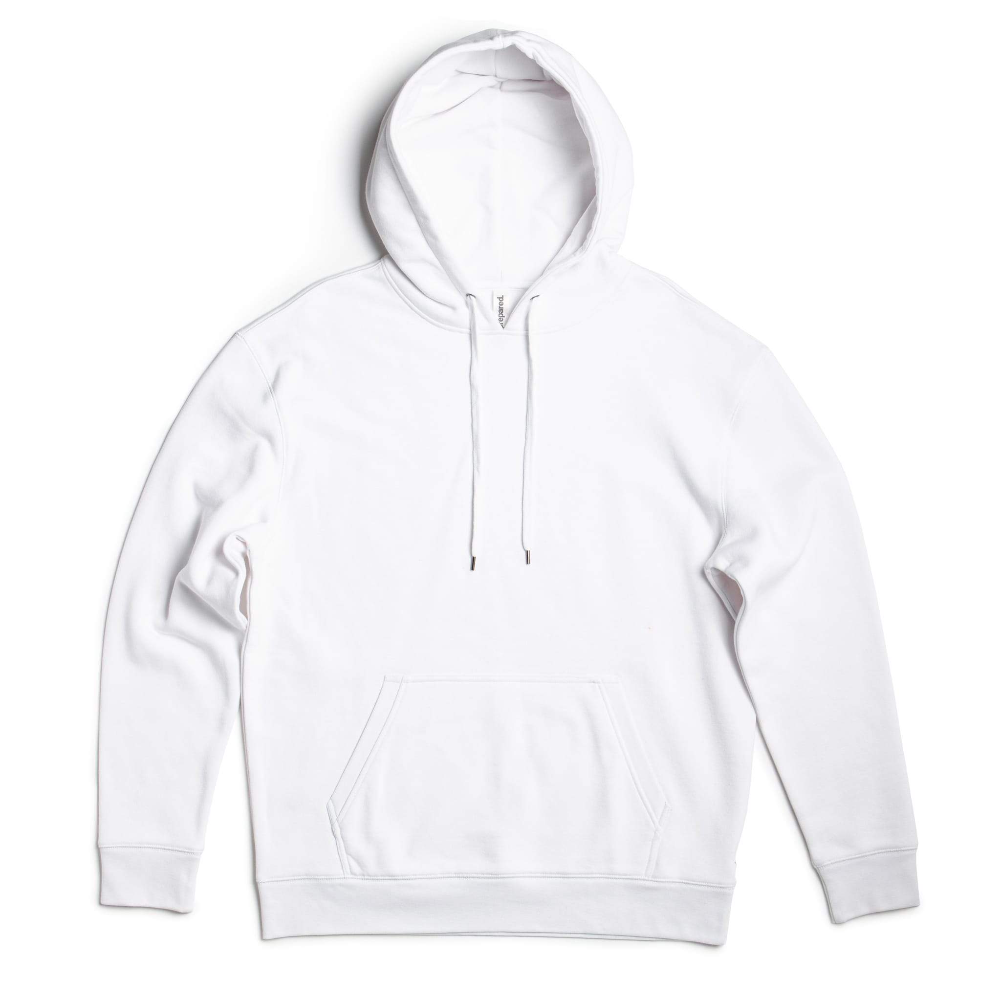 Heavyweight cotton fleece pullover hoodie in a structured standard fit, shown in a neutral colorway with ribbed cuffs and waistband