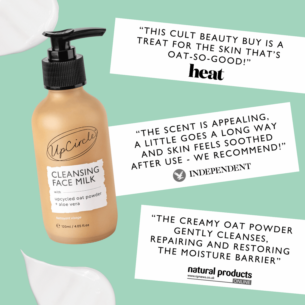 UpCircle Cleansing Face Milk bottle with upcycled oat powder and aloe vera formula on a clean white surface