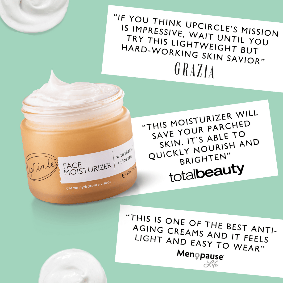 UpCircle Vitamin E Face Moisturizer in a glass jar with aluminum lid on a clean neutral background