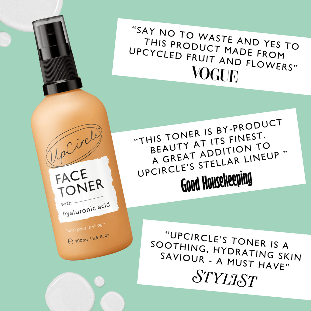 UpCircle Hyaluronic Acid and Chamomile Face Toner in a glass spray bottle with cardboard packaging on a clean surface