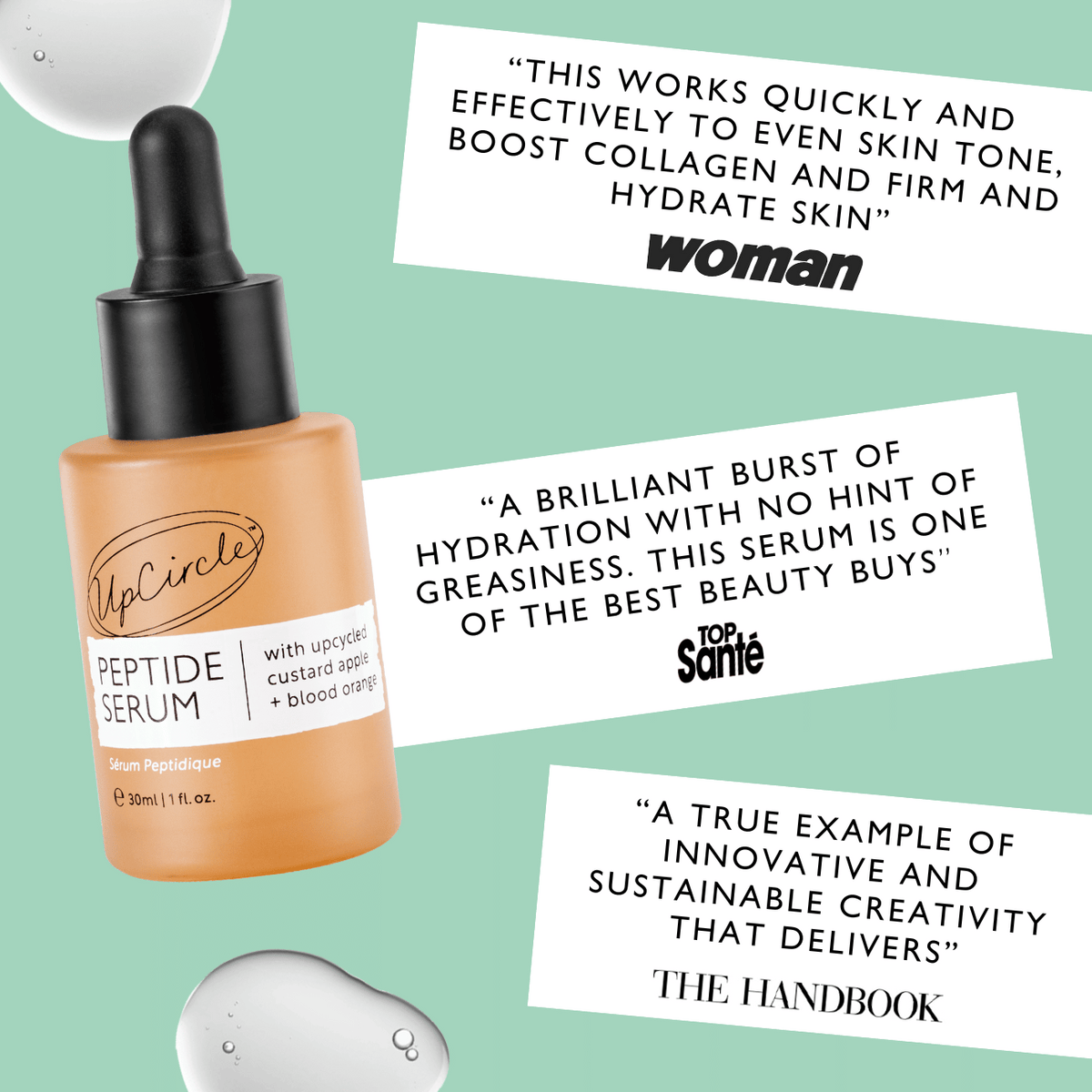 UpCircle Peptide Serum with Custard Apple and Blood Orange in a glass bottle, with a dropper and a skincare background