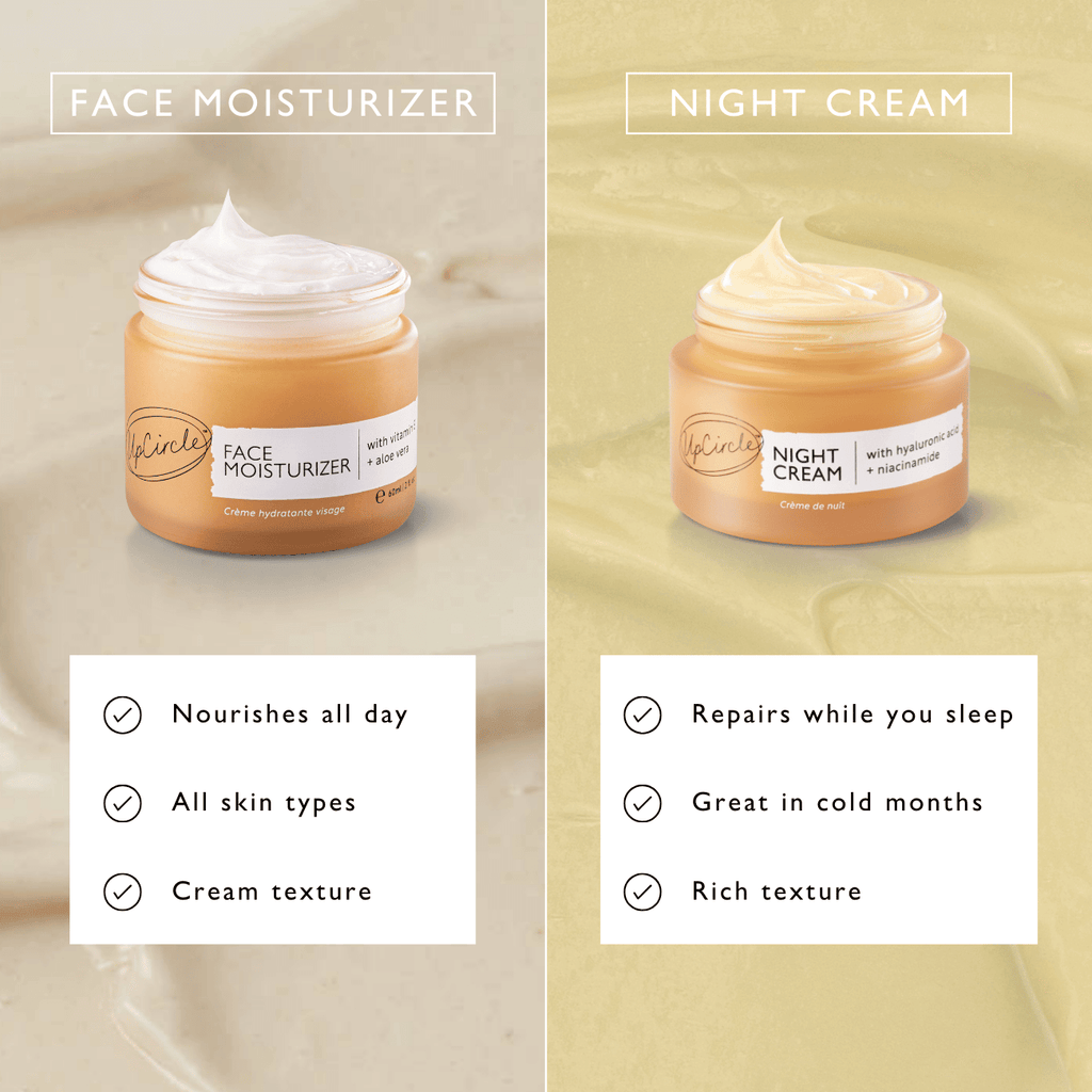 UpCircle Night Cream in glass jar with aluminum lid, showing hyaluronic acid and niacinamide overnight moisturizer
