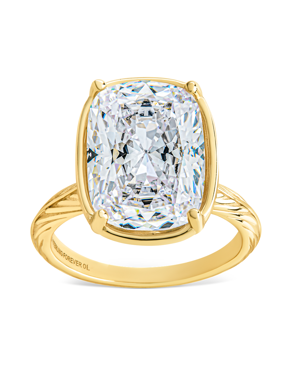 Elongated cushion-cut cubic zirconia cocktail ring in gold-plated sterling silver on a hand, showing large faceted stone and slim band