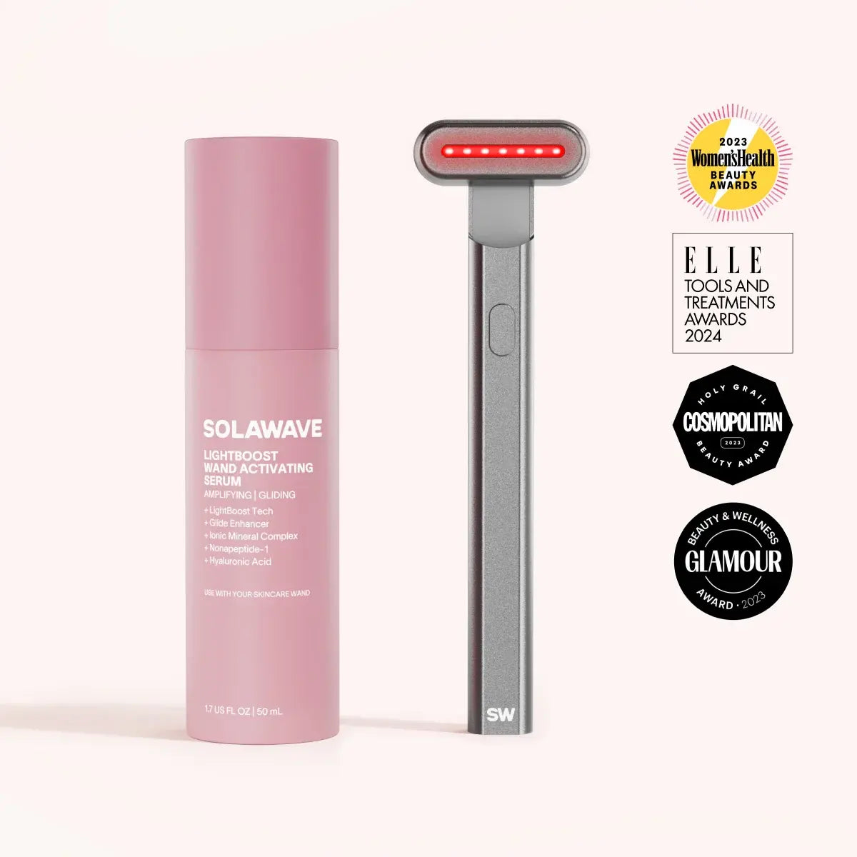 Solawave 4-in-1 red light therapy wand in rose gold next to LightBoost Activating Serum on a clean skincare flat lay