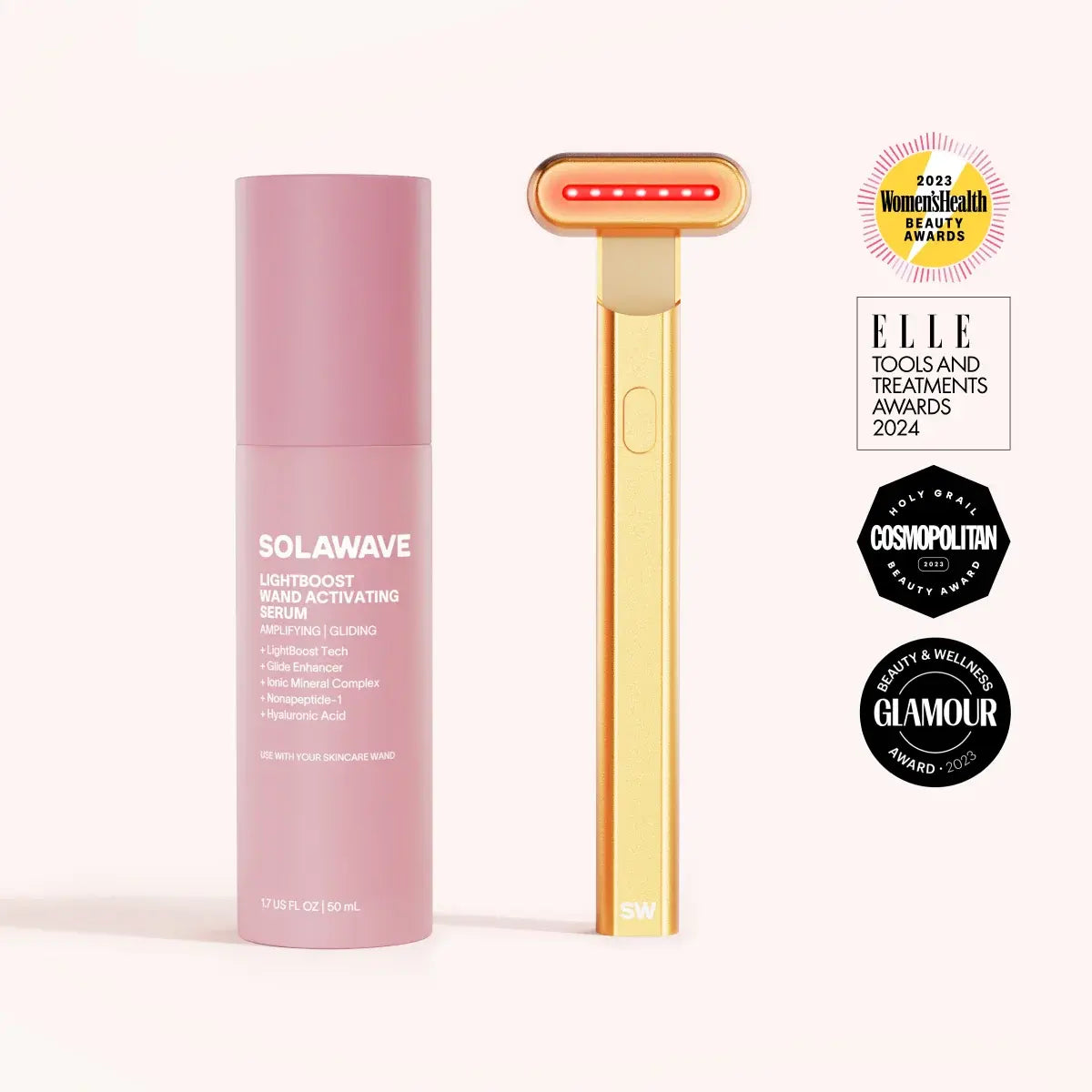 Solawave 4-in-1 red light therapy wand in rose gold next to LightBoost Activating Serum on a clean skincare flat lay
