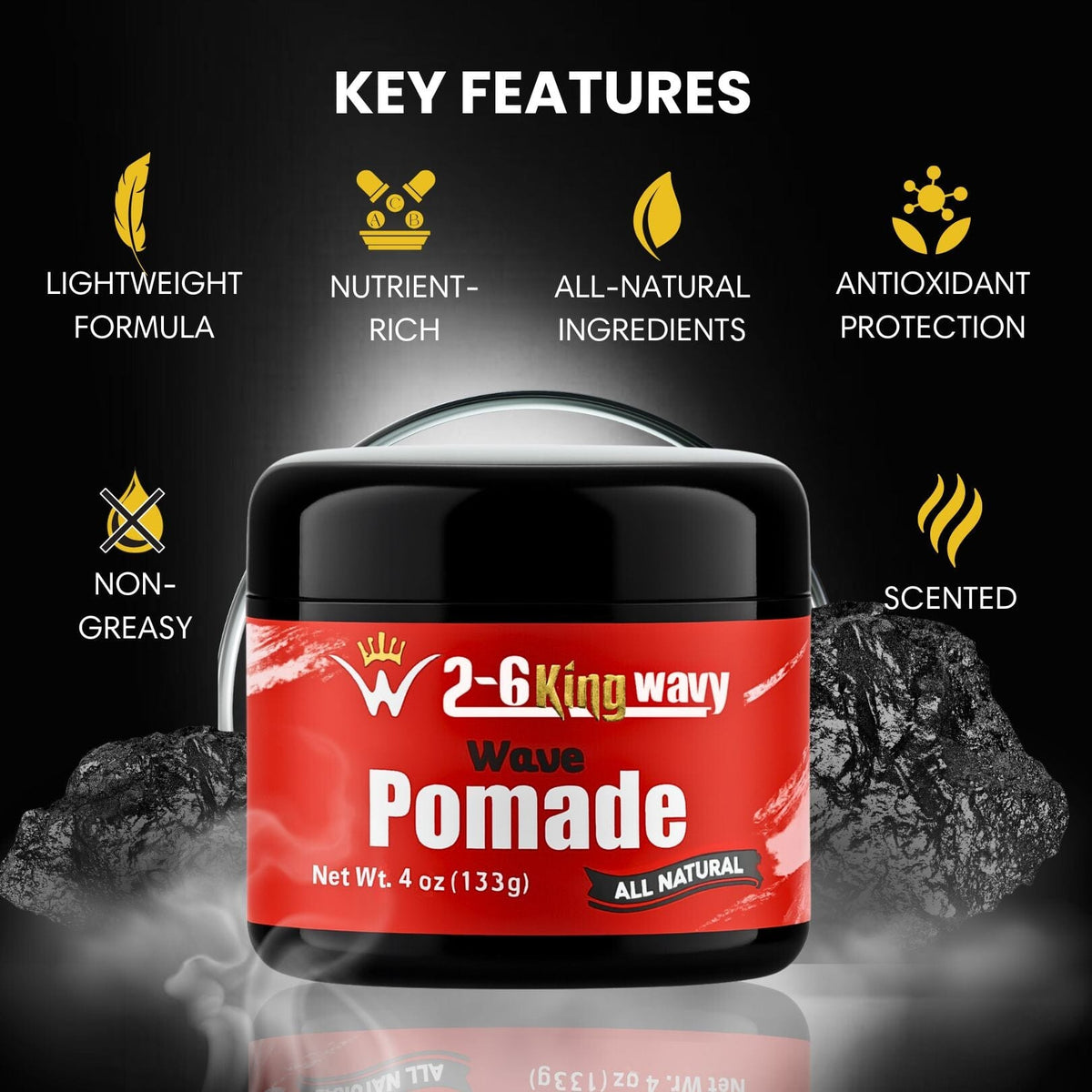 Jar of 26 King Wavy Merch pomade with natural oil ingredients for 360 waves and scalp care