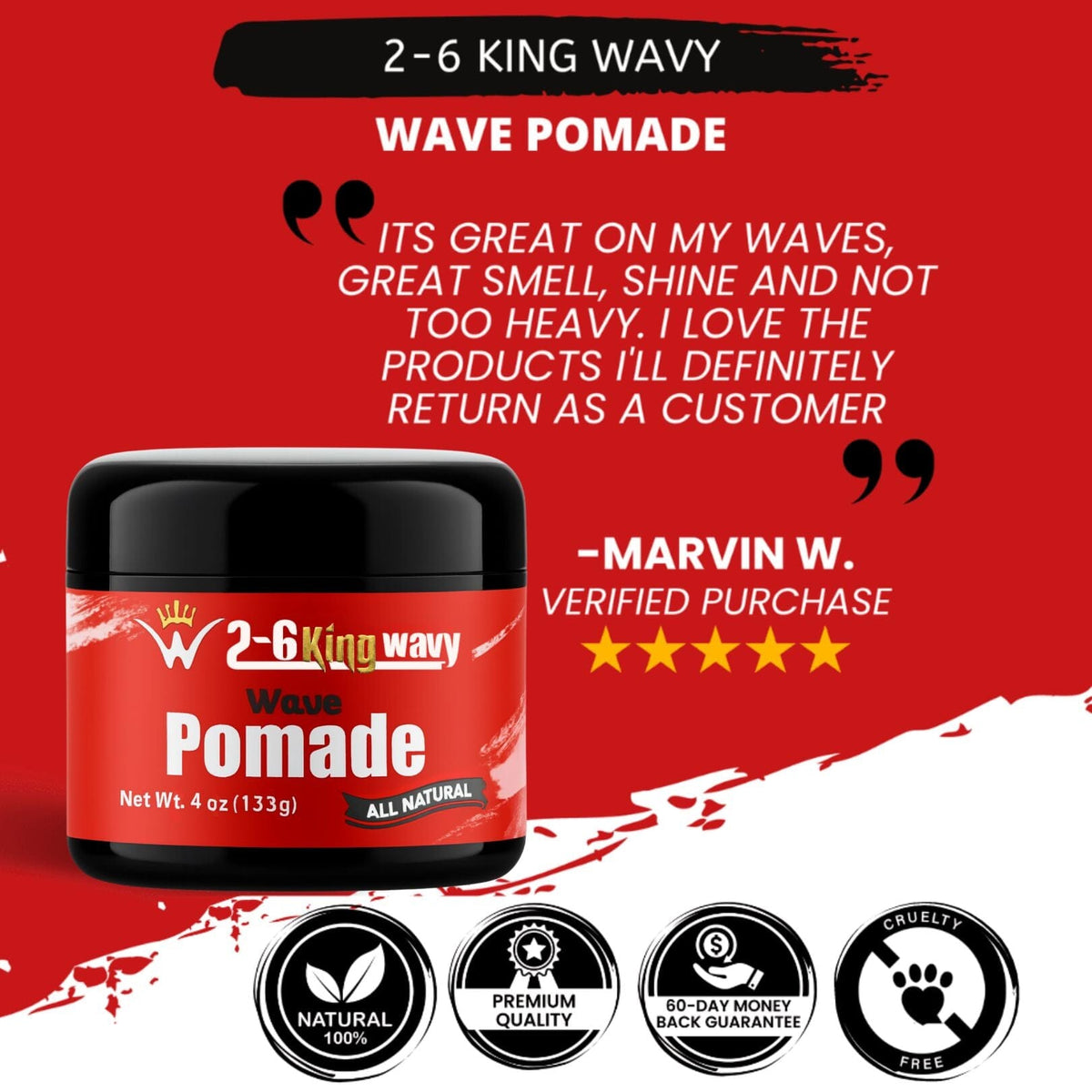 Jar of 26 King Wavy Merch pomade with natural oil ingredients for 360 waves and scalp care