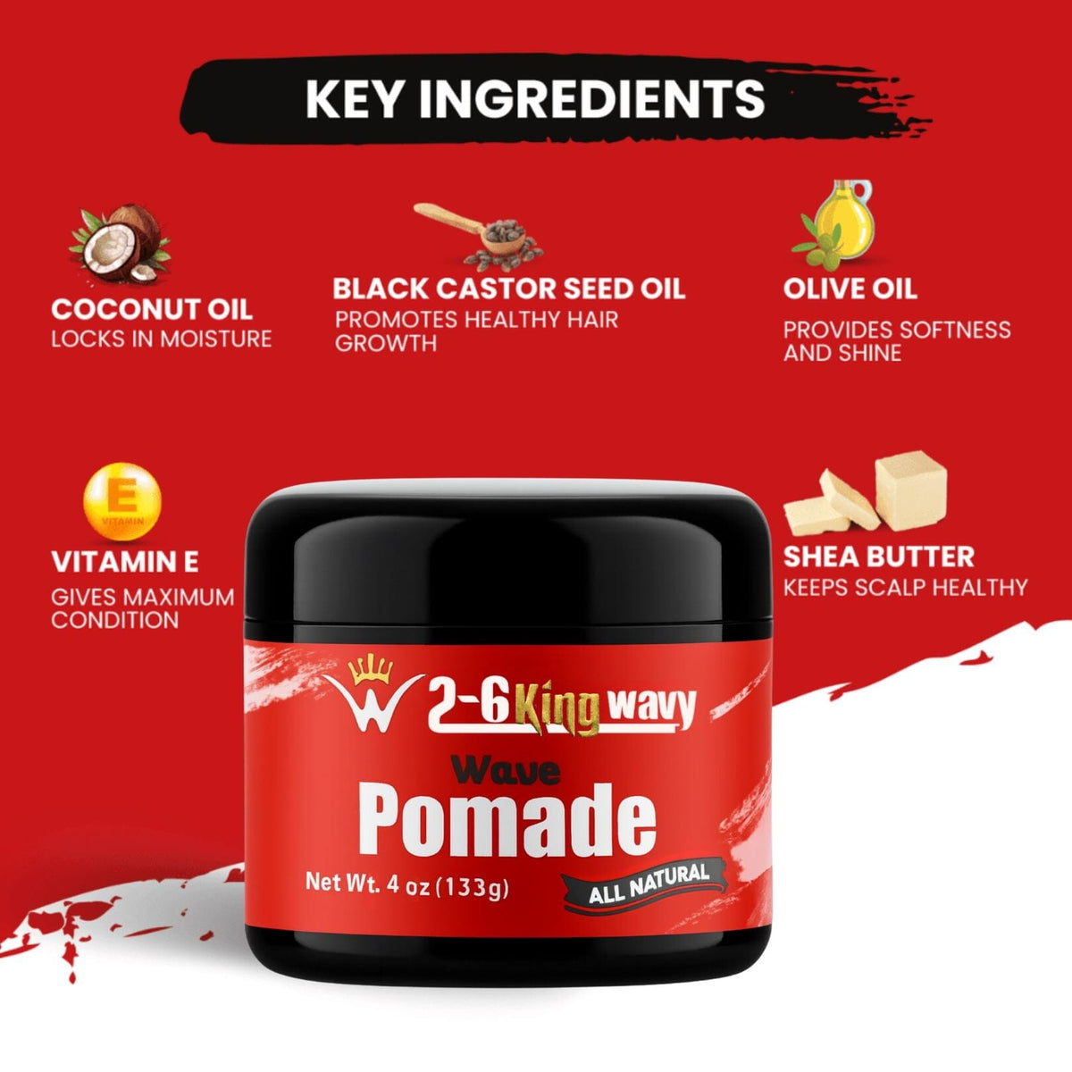 Jar of 26 King Wavy Merch pomade with natural oil ingredients for 360 waves and scalp care