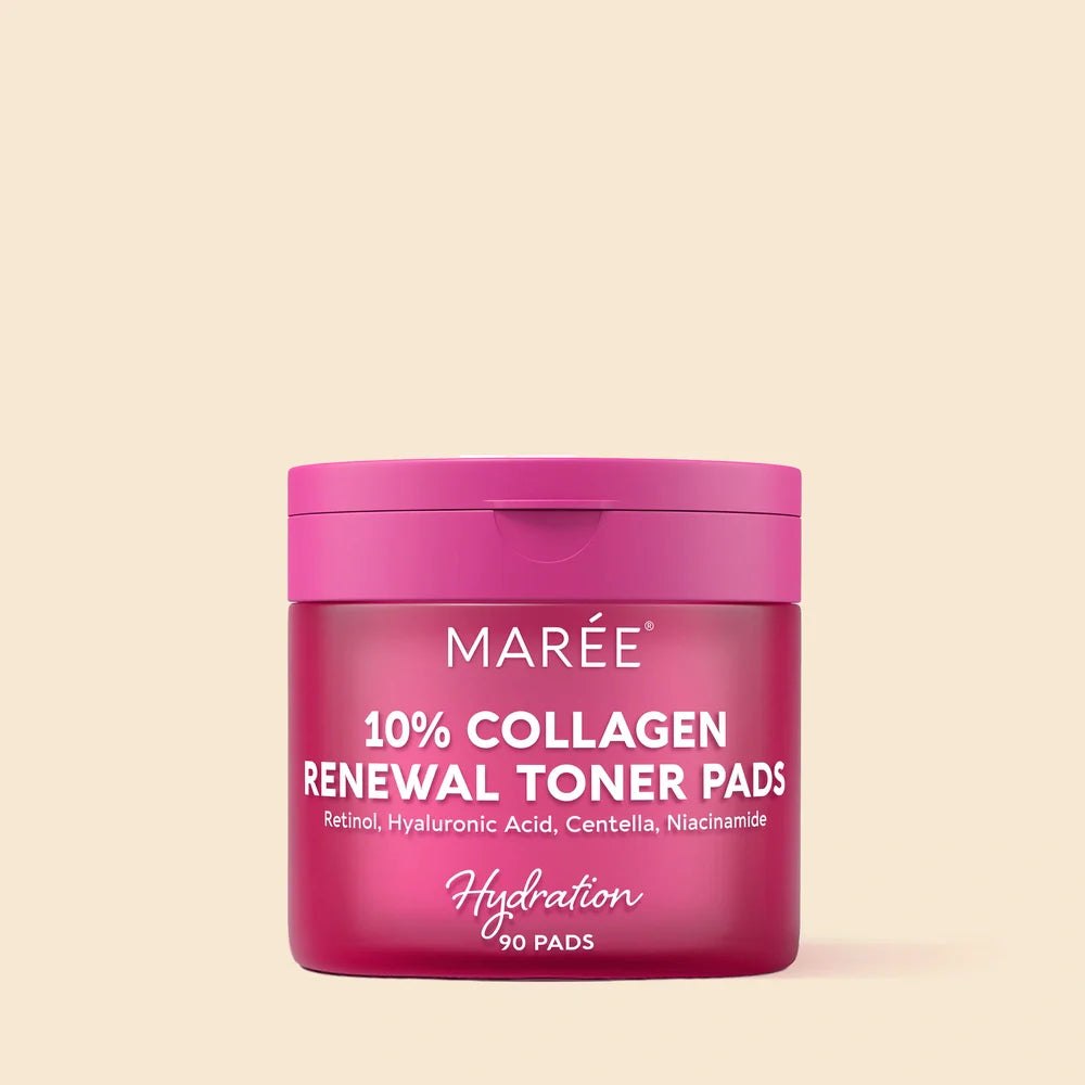 Collagen and retinol toner pads in open jar with a single pad lifted out, showing texture and saturation