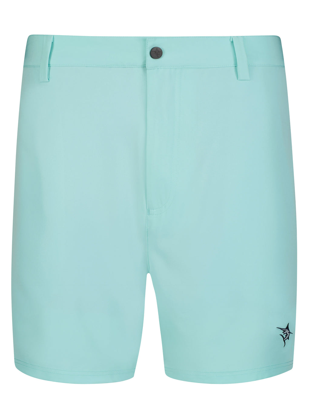 Aqua Freeport performance short laid flat, showing zippered back pocket and relaxed fit
