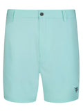 Aqua Freeport performance short laid flat, showing zippered back pocket and relaxed fit