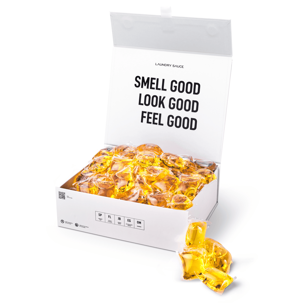 Box of Laundry Sauce Performance Liquid Laundry Detergent Pods, concentrated perfumer-designed fragrance