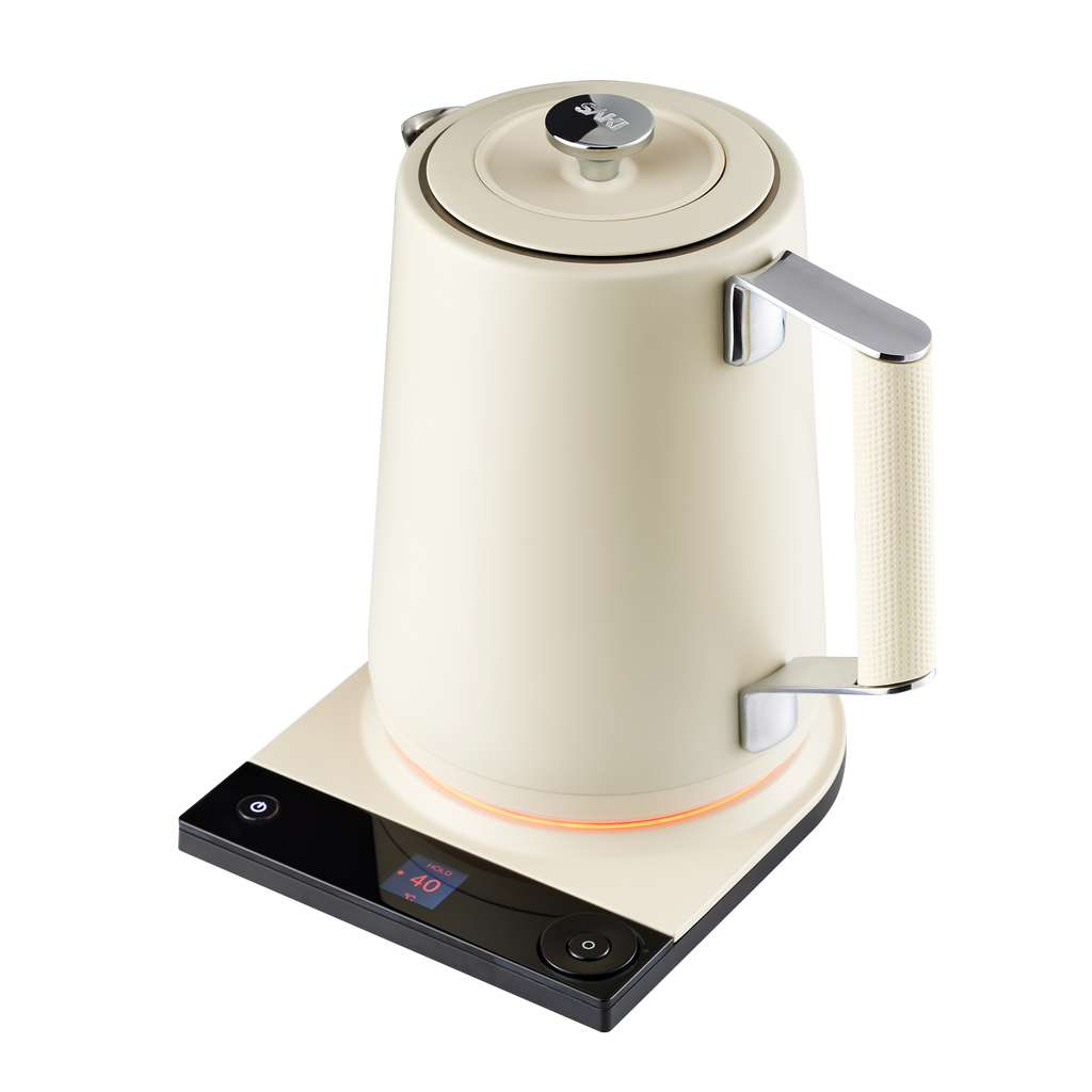 Luna stainless electric kettle with digital temperature display on a clean kitchen countertop