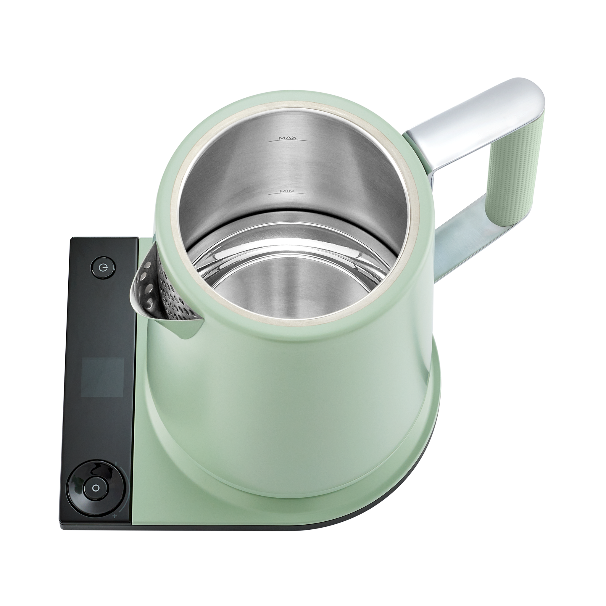 Luna stainless electric kettle with digital temperature display on a clean kitchen countertop