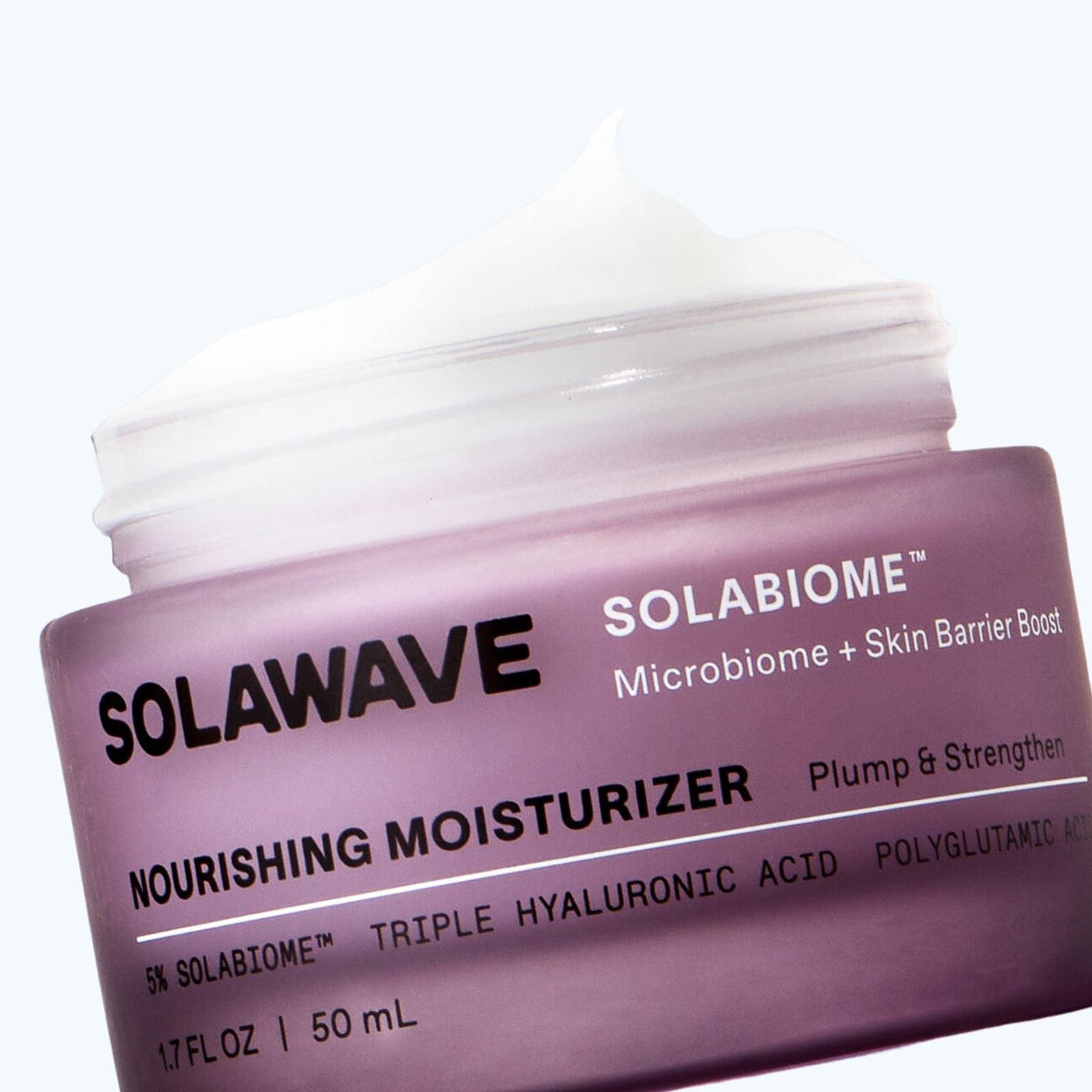 Solawave Solabiome Nourishing Moisturizer jar with clean white packaging on a minimal surface