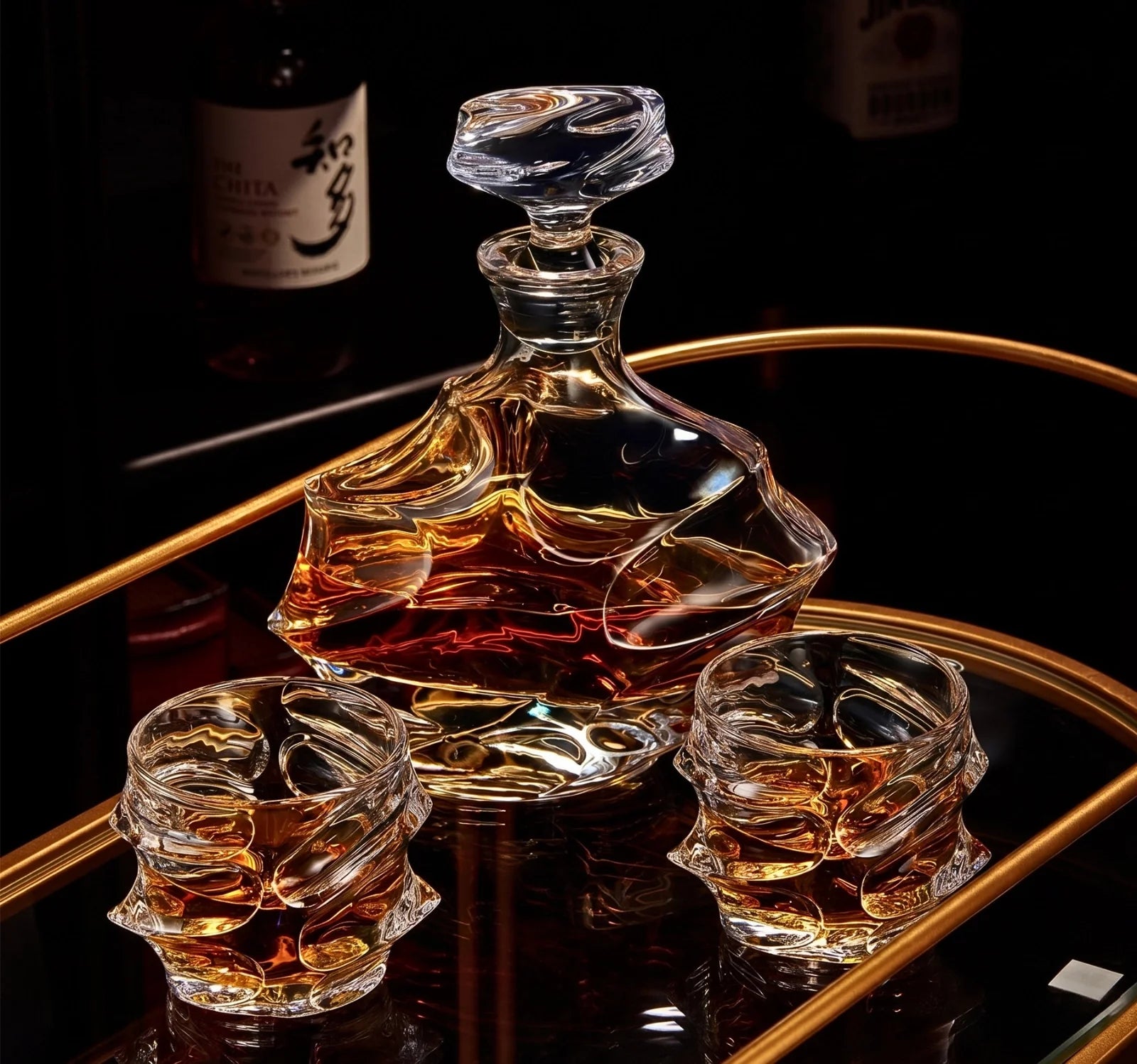 Handcrafted Storm Crystal Whisky Glass with textured exterior and smooth interior, filled with amber whisky