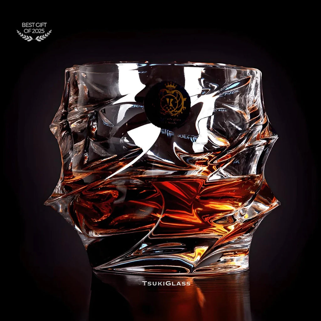 Handcrafted Storm Crystal Whisky Glass with textured exterior and smooth interior, filled with amber whisky